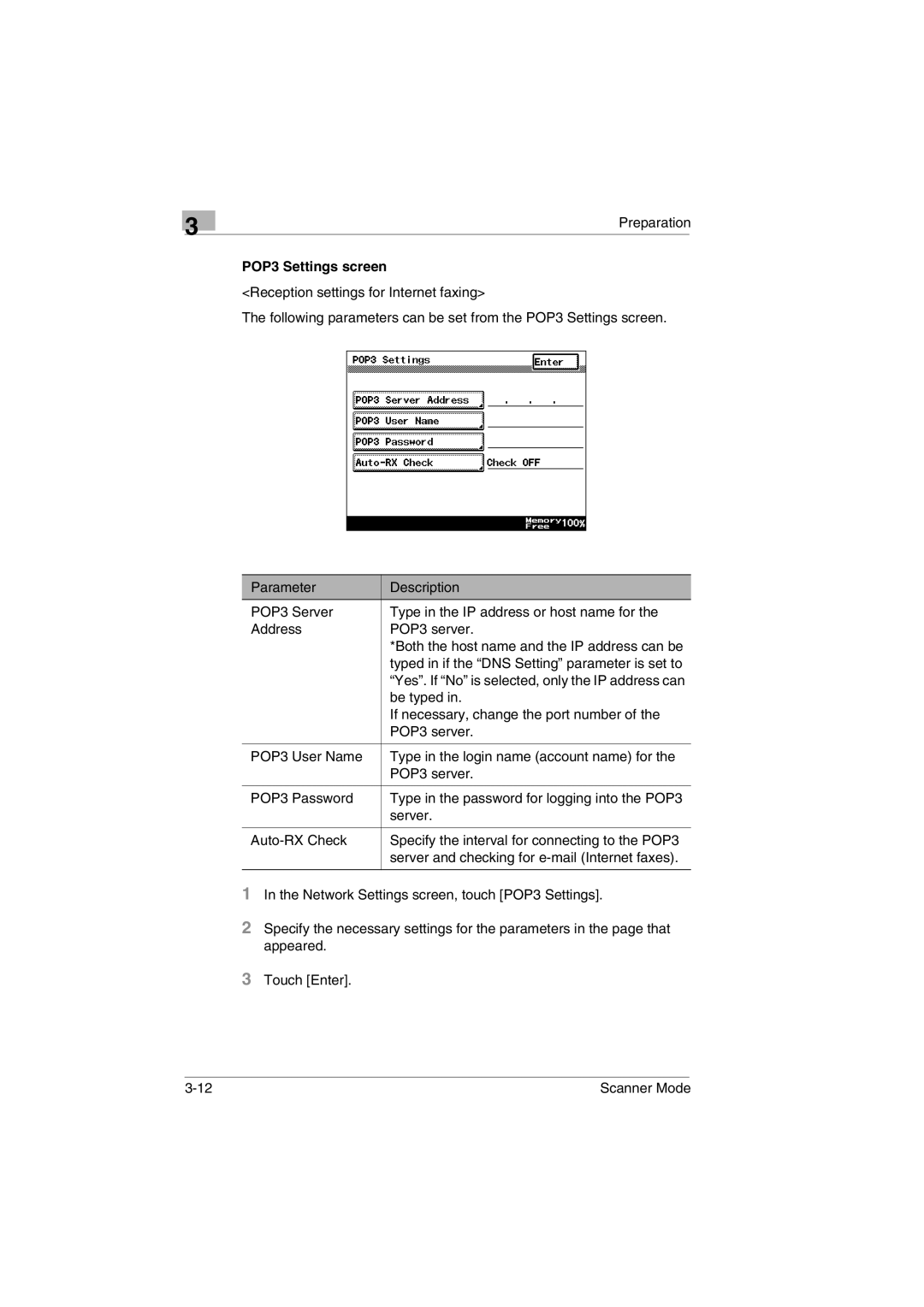 Minolta Scanner Mode user manual POP3 Settings screen 