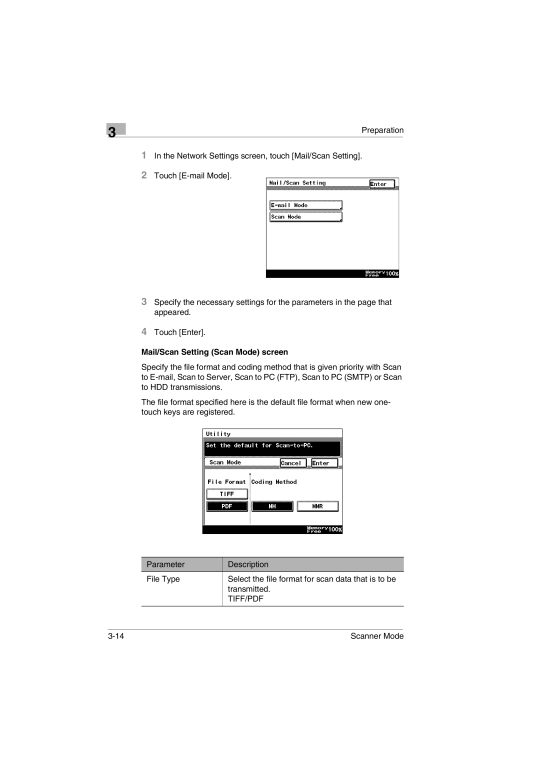 Minolta Scanner Mode user manual Mail/Scan Setting Scan Mode screen 