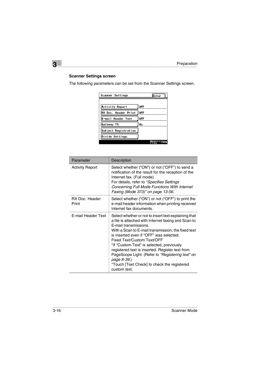 Minolta Scanner Mode user manual Scanner Settings screen, Concerning Full Mode Functions With Internet, Faxing Mode 373 on 