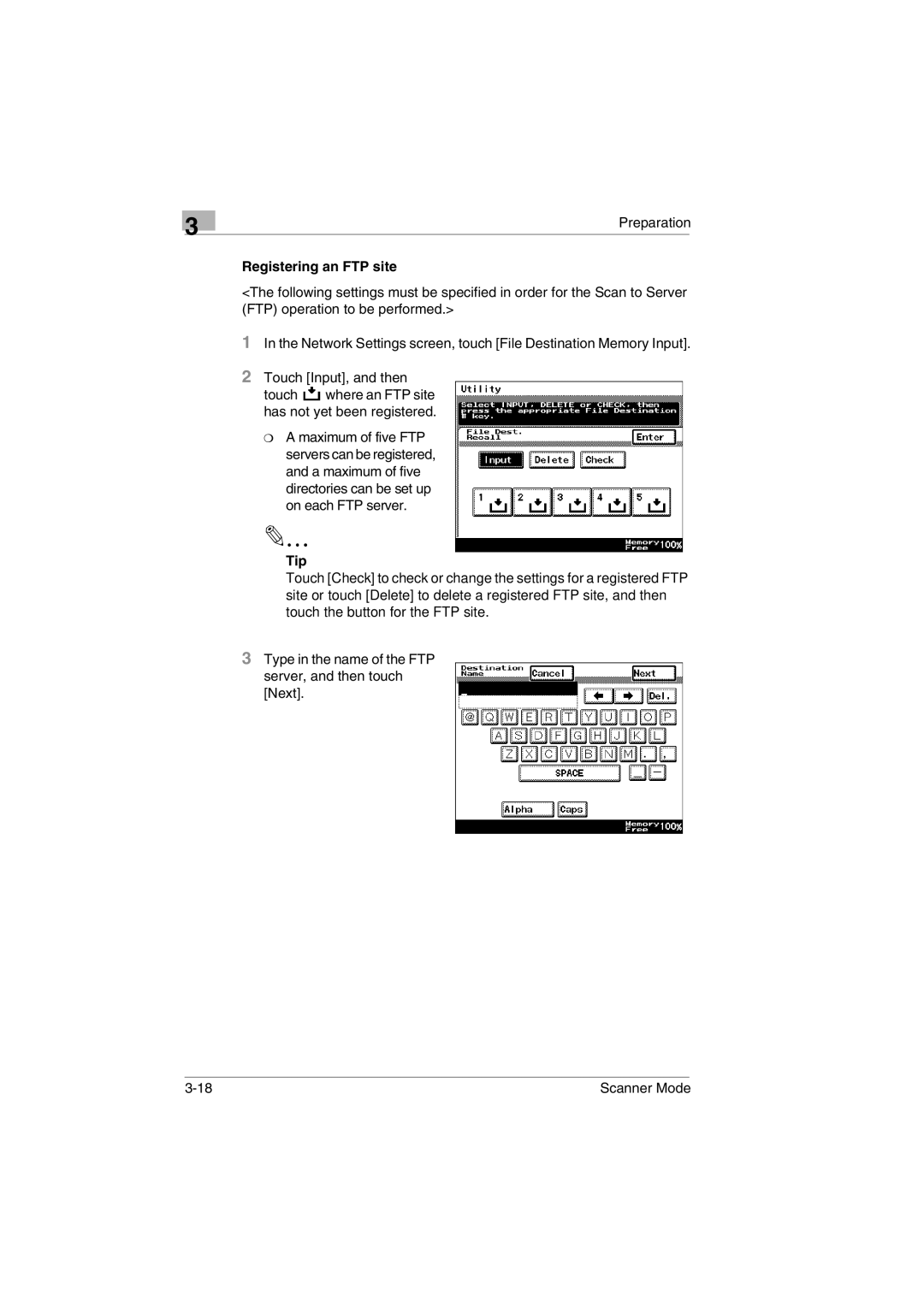 Minolta Scanner Mode user manual Registering an FTP site, Tip 