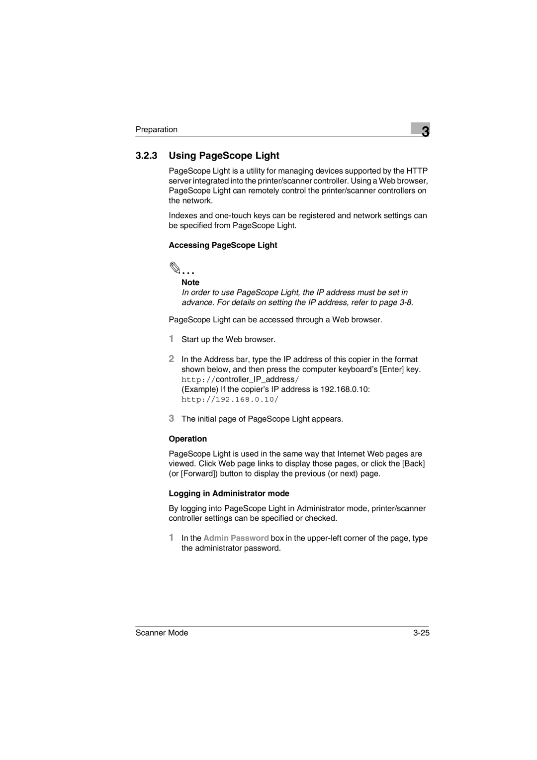 Minolta Scanner Mode user manual Using PageScope Light, Accessing PageScope Light, Logging in Administrator mode 