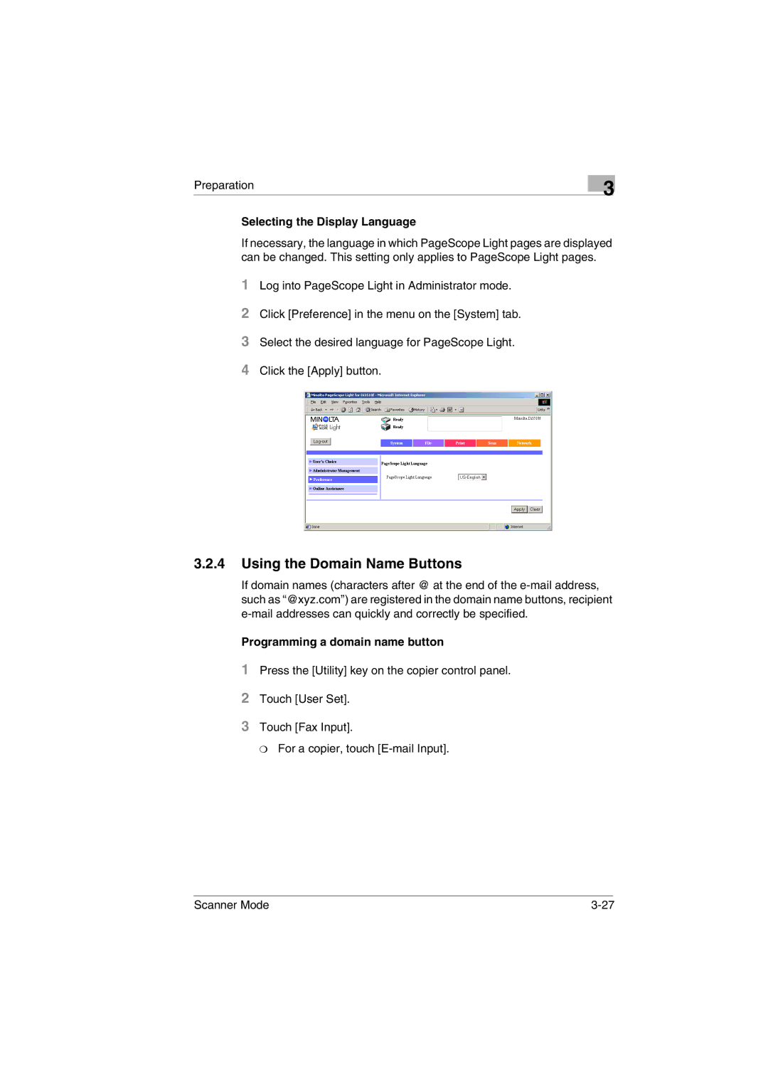 Minolta Scanner Mode Using the Domain Name Buttons, Selecting the Display Language, Programming a domain name button 