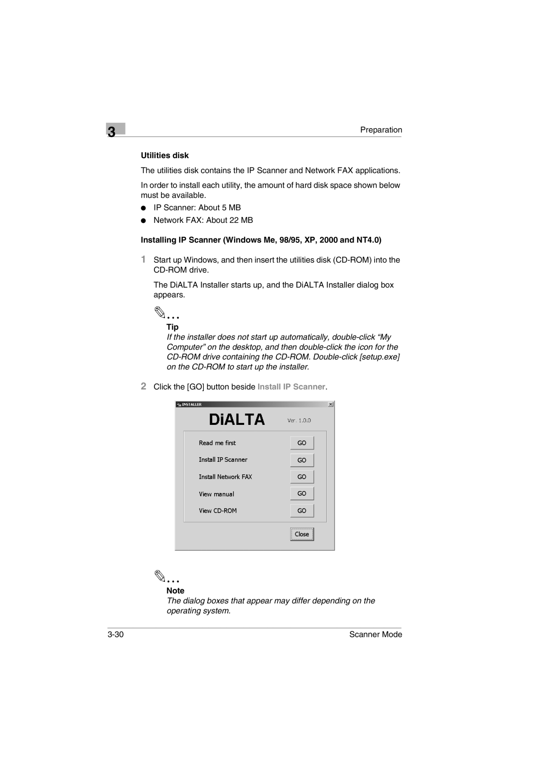 Minolta Scanner Mode user manual Utilities disk, Installing IP Scanner Windows Me, 98/95, XP, 2000 and NT4.0 