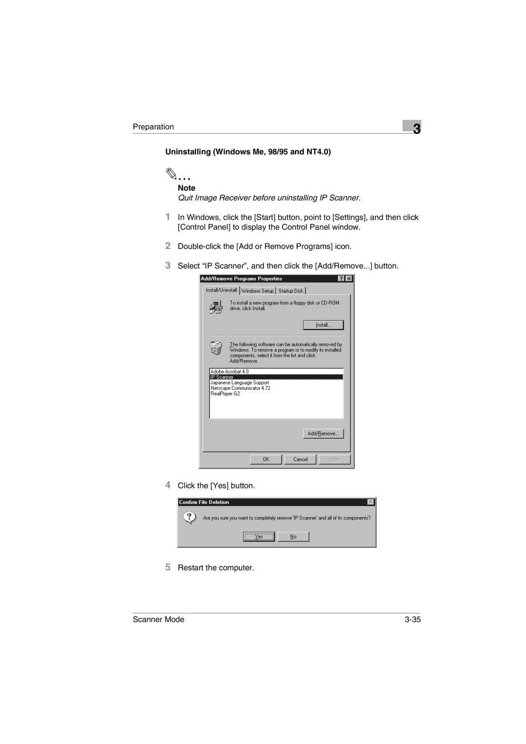 Minolta Scanner Mode Uninstalling Windows Me, 98/95 and NT4.0, Quit Image Receiver before uninstalling IP Scanner 