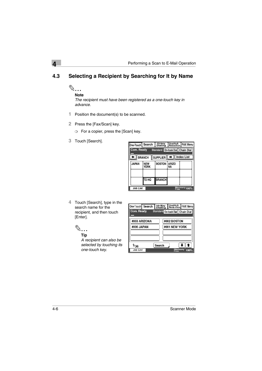 Minolta Scanner Mode user manual Selecting a Recipient by Searching for It by Name 