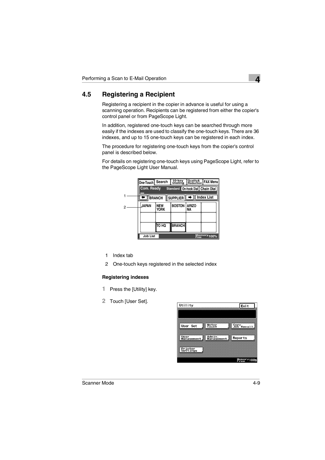 Minolta Scanner Mode user manual Registering a Recipient, Registering indexes 