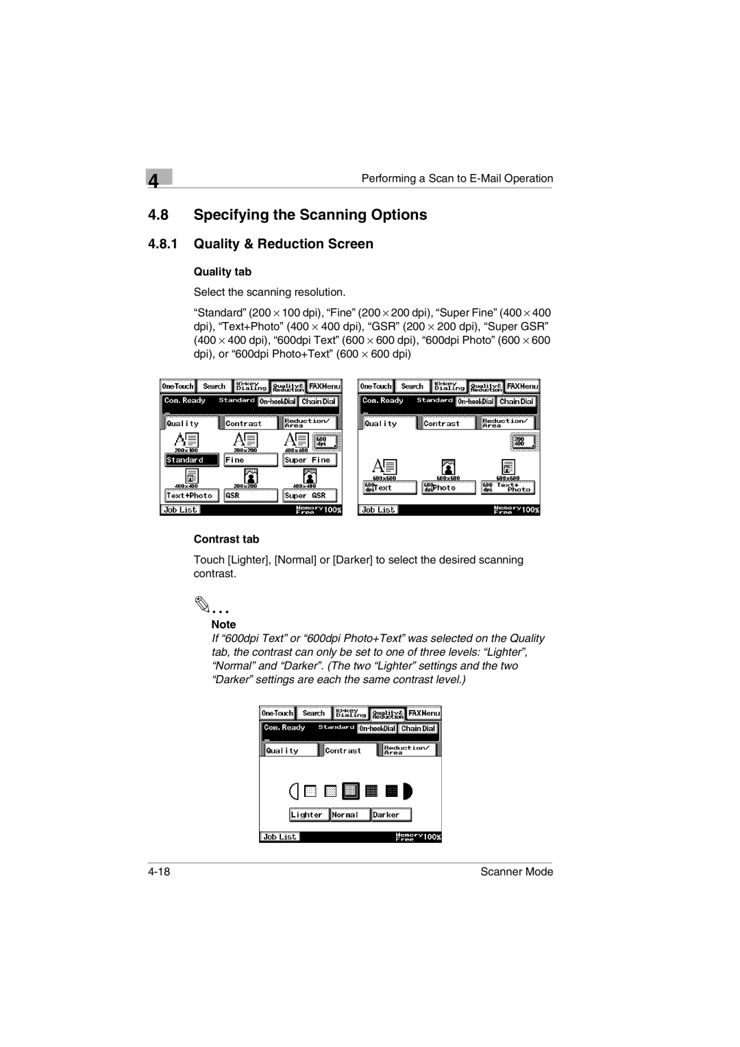 Minolta Scanner Mode user manual Specifying the Scanning Options, Quality & Reduction Screen 