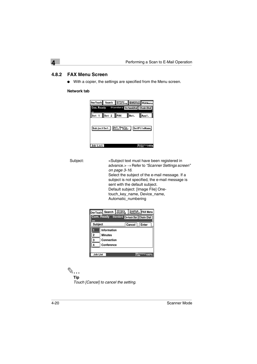 Minolta Scanner Mode user manual FAX Menu Screen, Touch Cancel to cancel the setting 