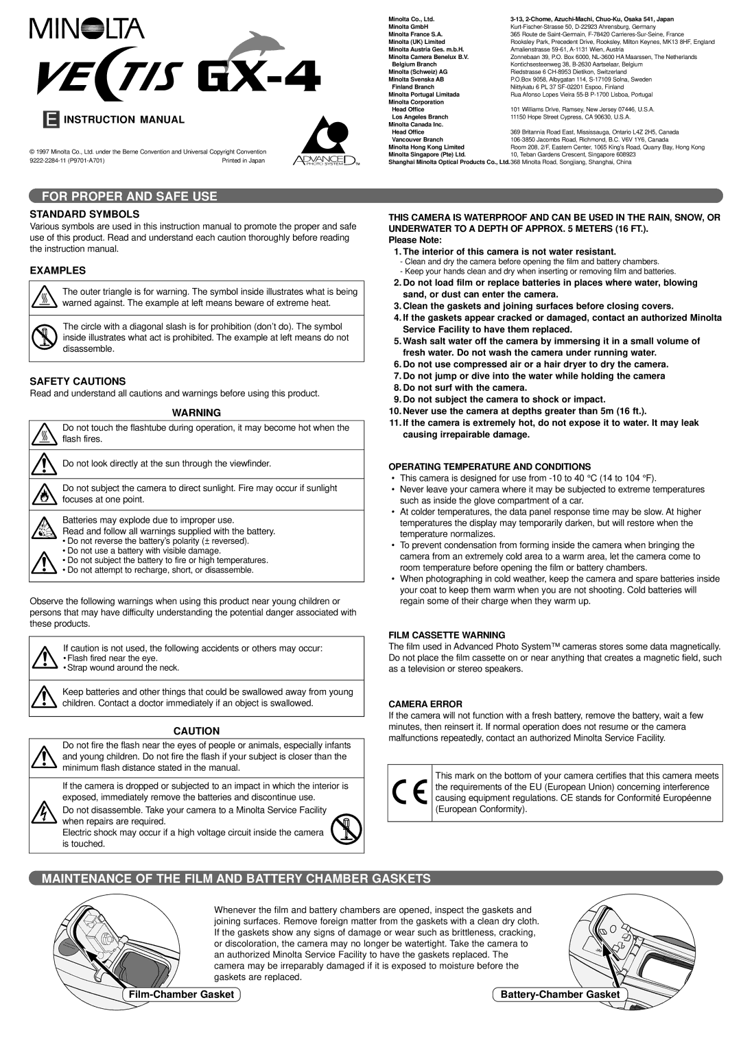 Minolta gx-4, Vectis GX-4 instruction manual For Proper and Safe USE, Maintenance of the Film and Battery Chamber Gaskets 