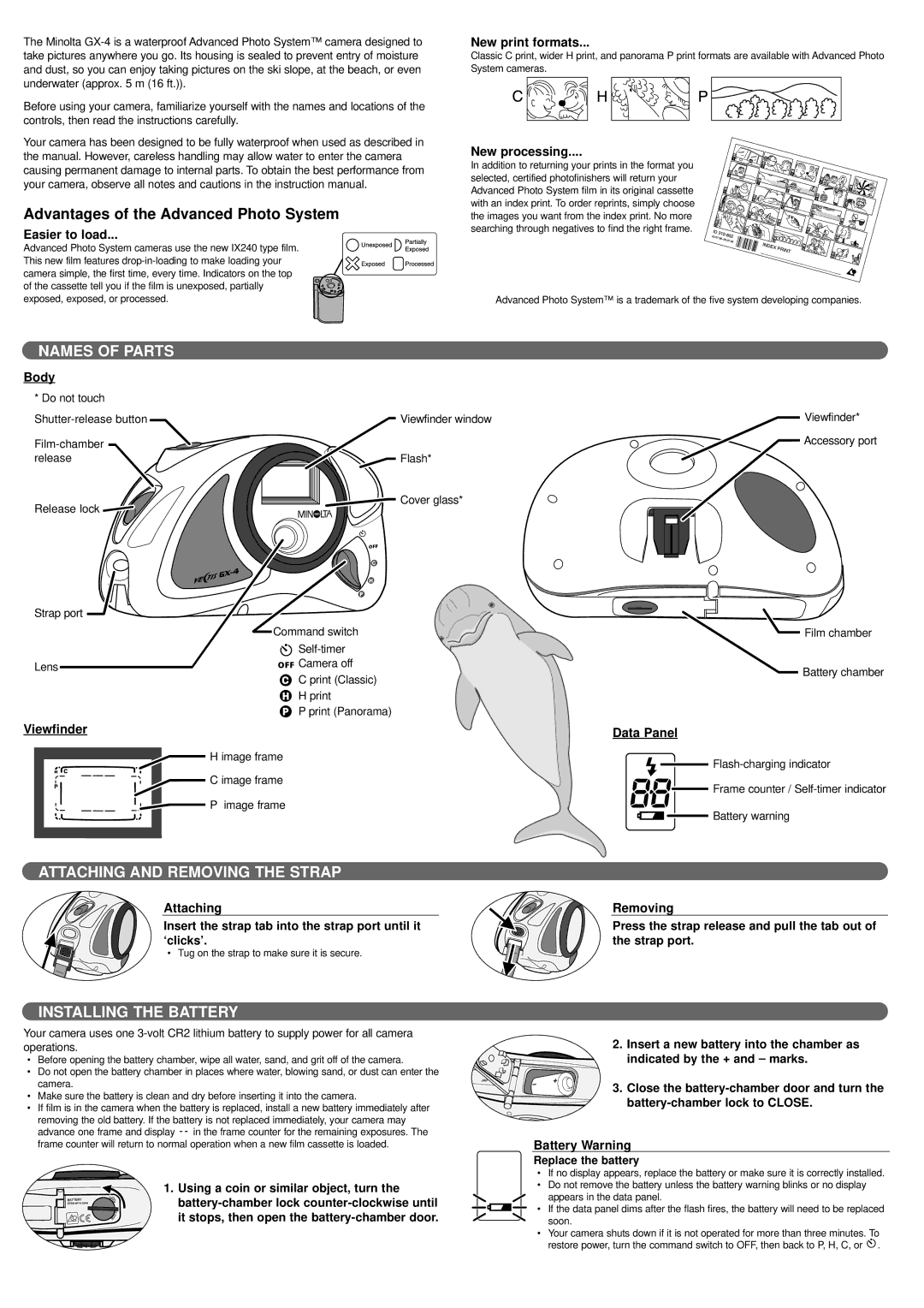 Minolta Ve(TIS GX-4, Vectis GX-4, gx-4 Names of Parts, Attaching and Removing the Strap, Installing the Battery 