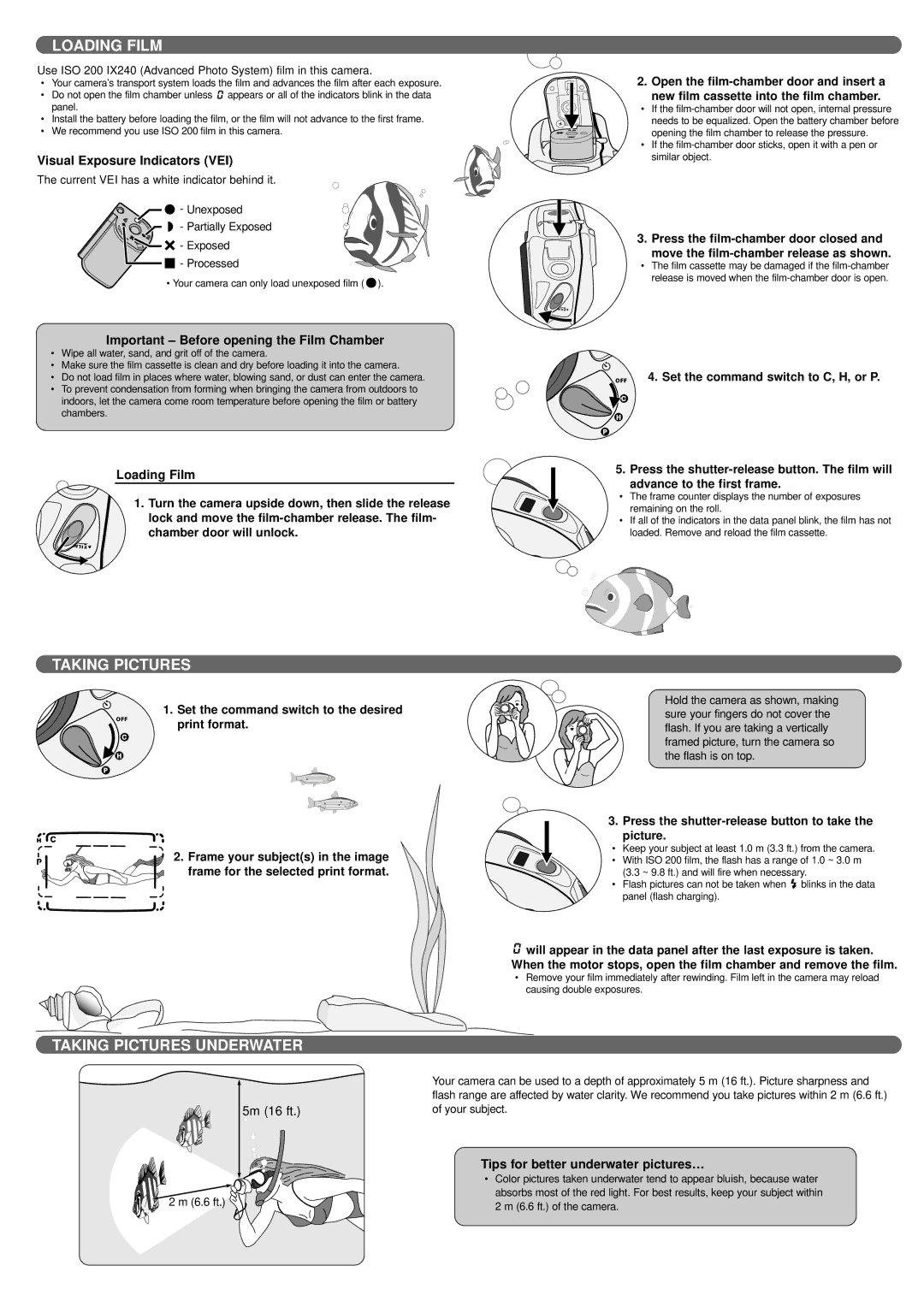 Minolta Vectis GX-4, gx-4, Ve(TIS GX-4 instruction manual Loading Film, Taking Pictures Underwater 