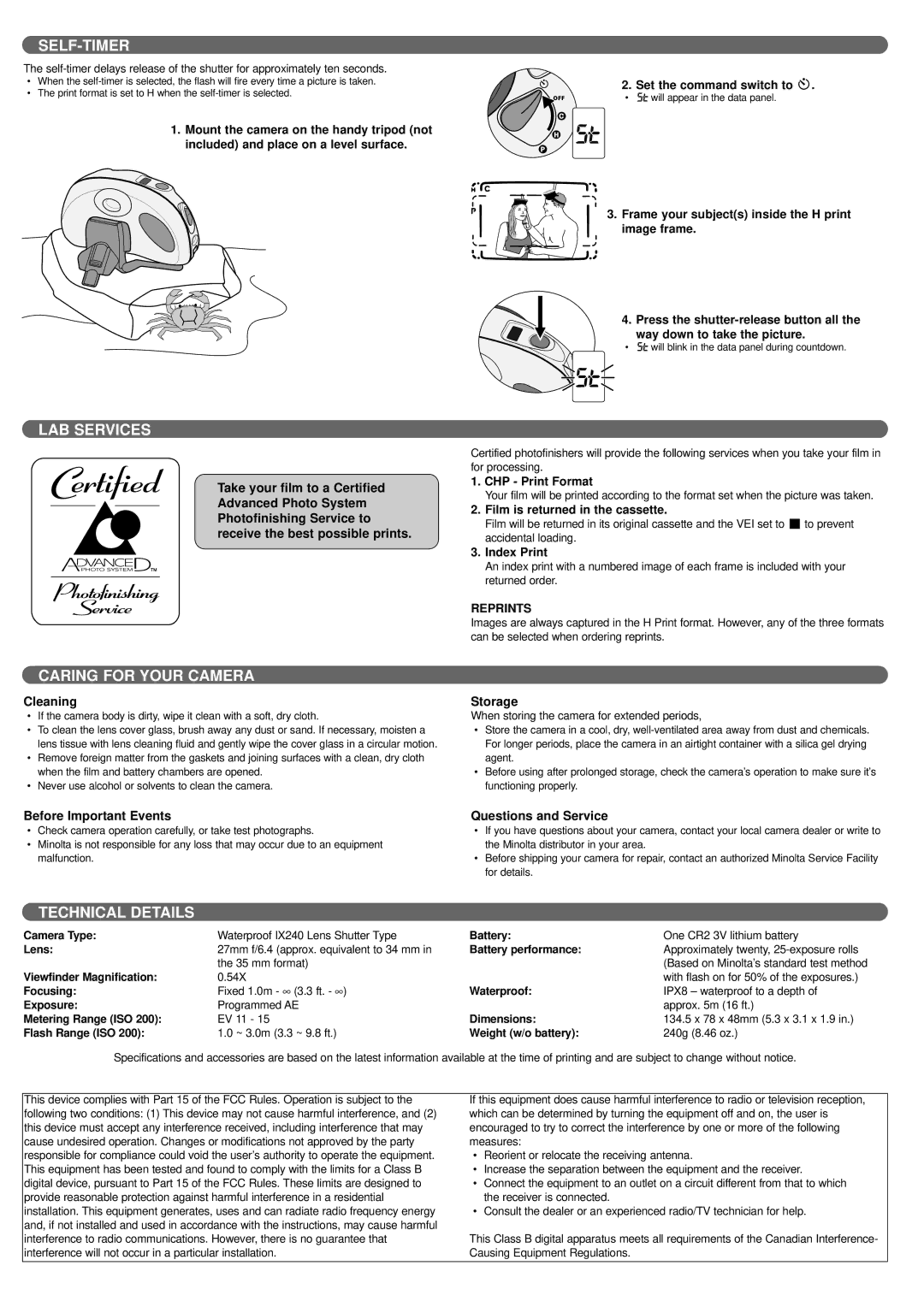 Minolta gx-4, Vectis GX-4, Ve(TIS GX-4 instruction manual Self-Timer, LAB Services, Caring for Your Camera, Technical Details 