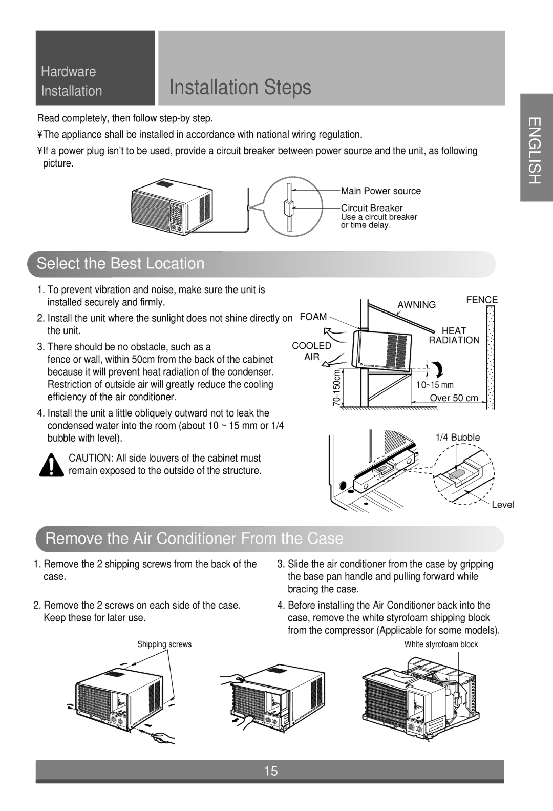 Minolta W091CA TSG0 owner manual Select the Best Location, Remove the Air Conditioner From the Case 