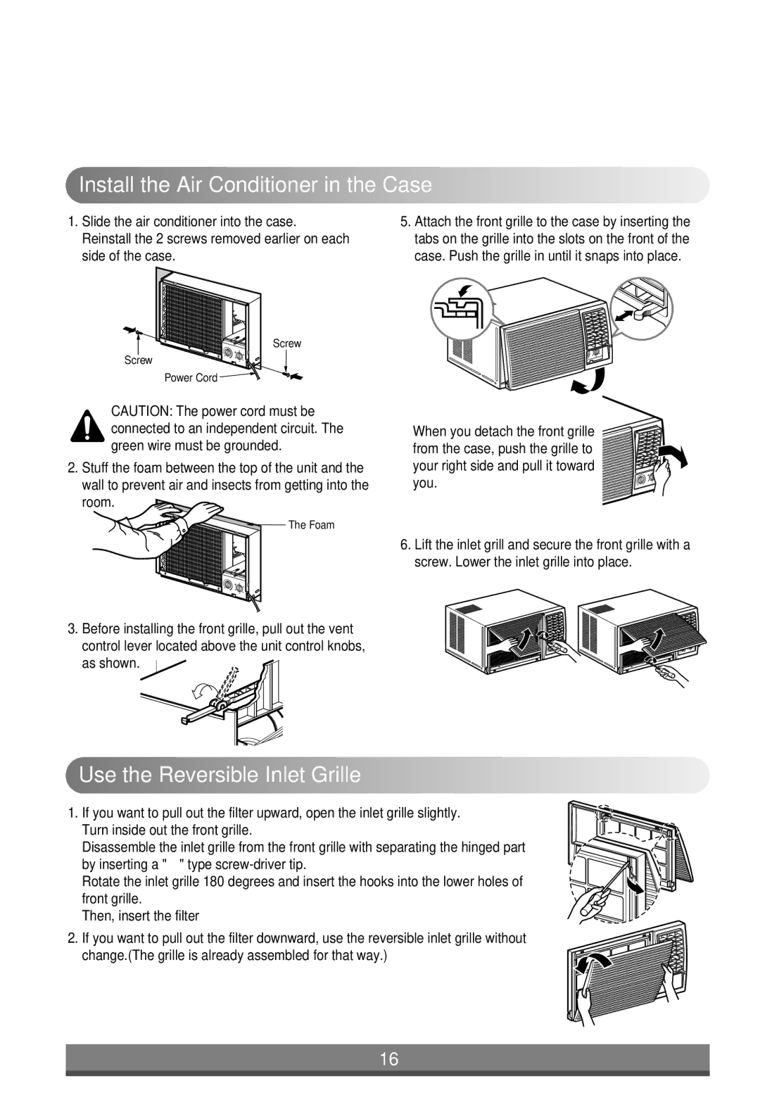 Minolta W091CA TSG0 owner manual Install the Air Conditioner in the Case, Use the Reversible Inlet Grille 