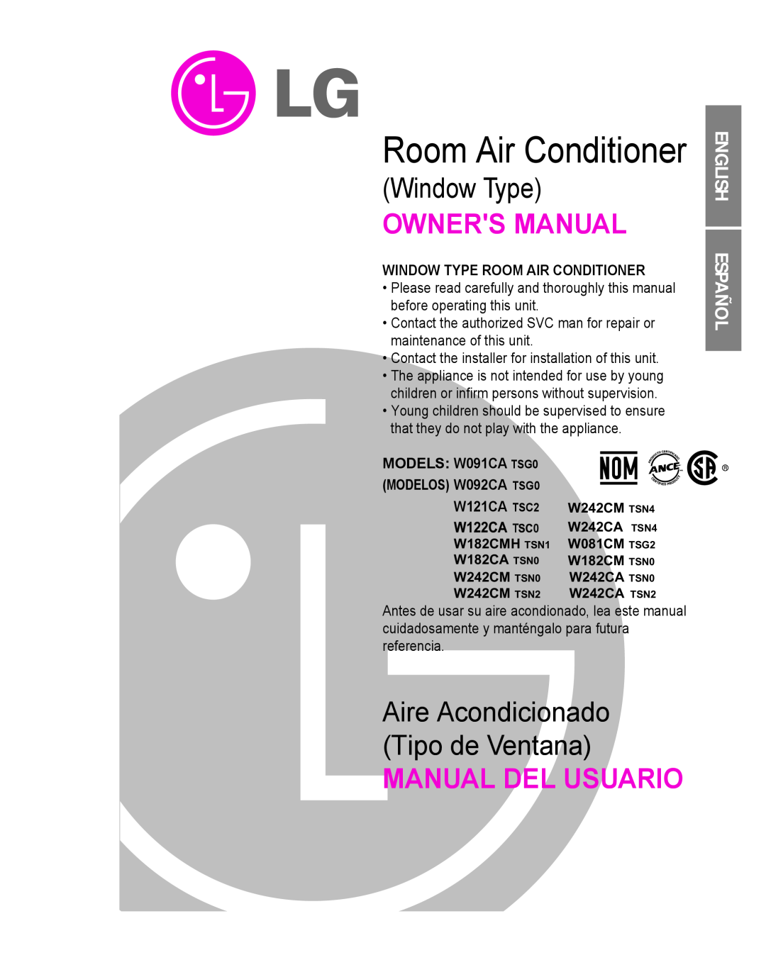 Minolta W091CA TSG0 owner manual English Español, Room Air Conditioner, Window Type, Manual Del Usuario, W121CA TSC2 