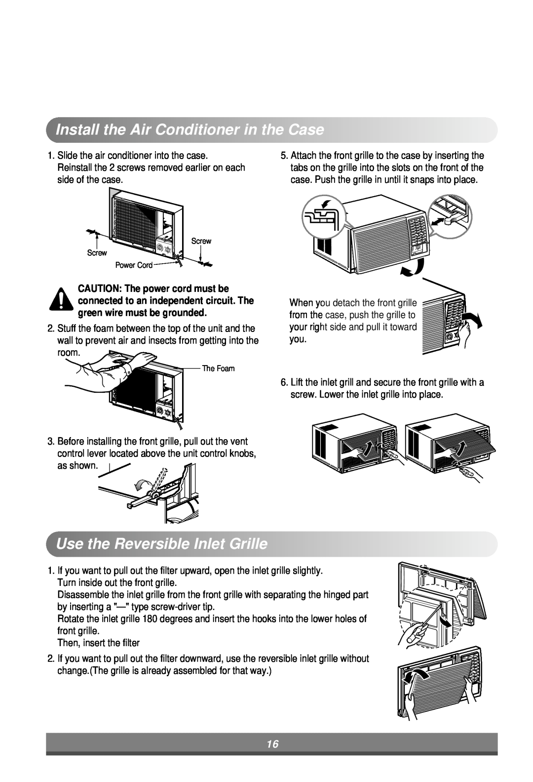 Minolta W091CA TSG0 owner manual InstalltheAirConditionerintheCase, Use theReversibleInletGrille 