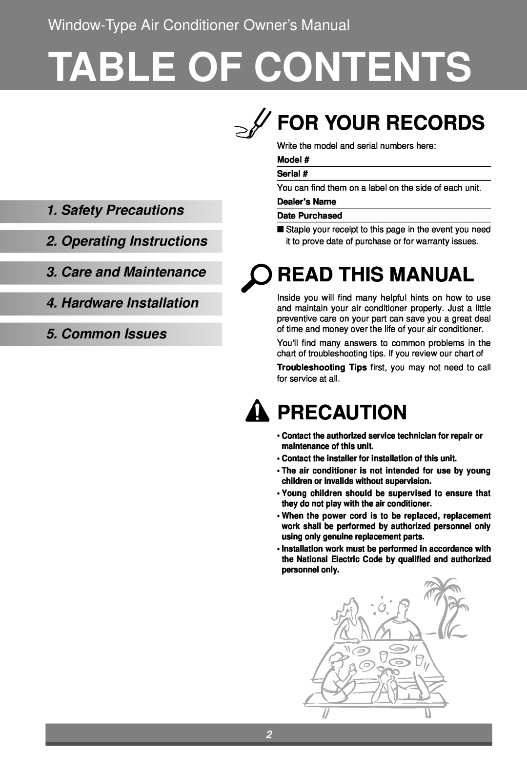 Minolta W091CA TSG0 owner manual Table Of Contents, For Your Records, Read This Manual, Precaution, CommonIssues 