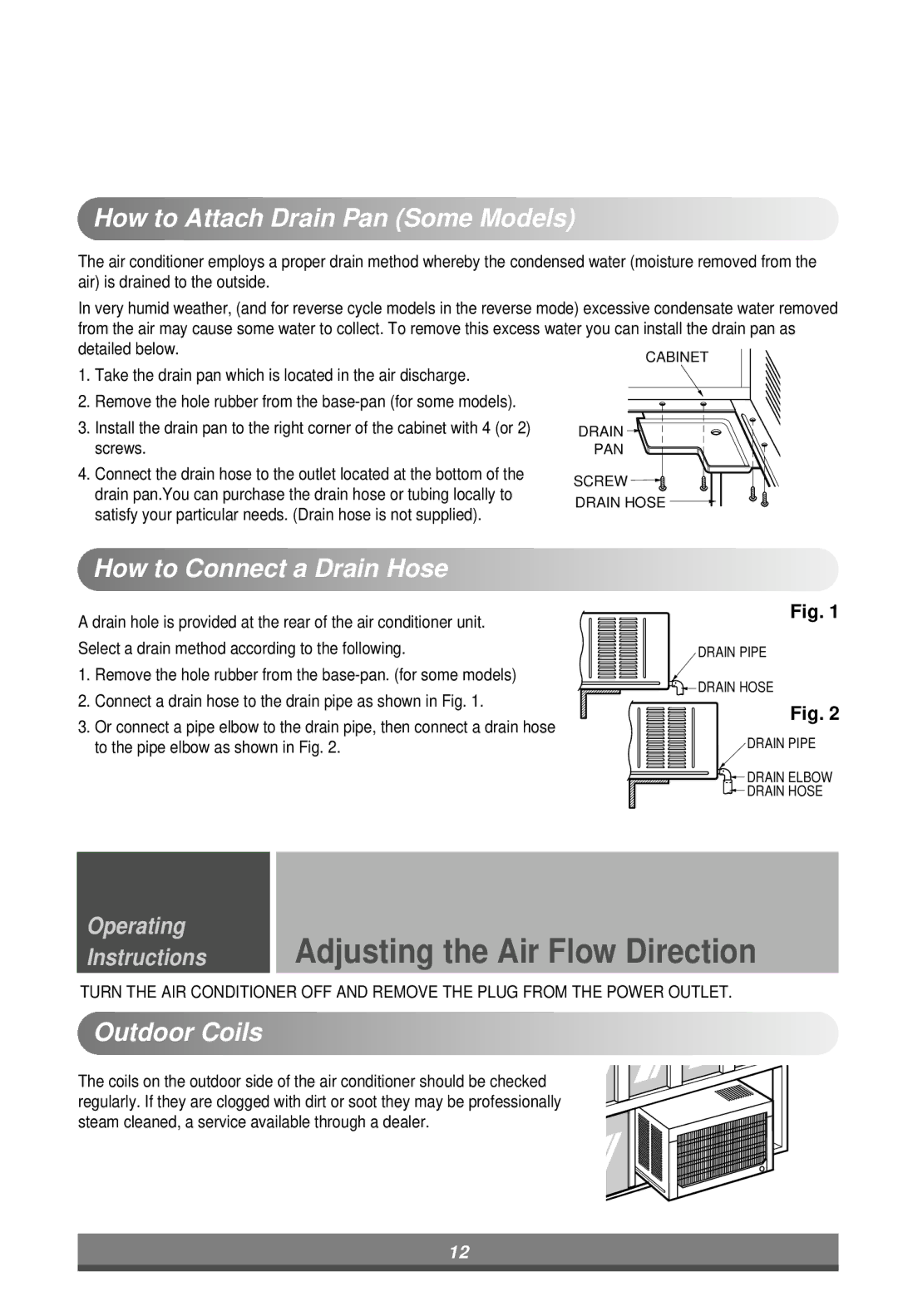 Minolta W121CA TSC2 owner manual Adjusting the Air Flow Direction, How to Attach Drain Pan Some Models, Outdoor Coils 