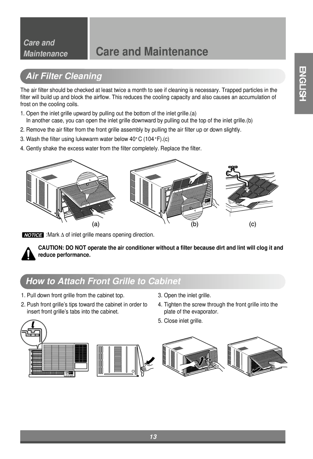 Minolta W121CA TSC2 owner manual Care and Maintenance, Air Filter Cleaning 