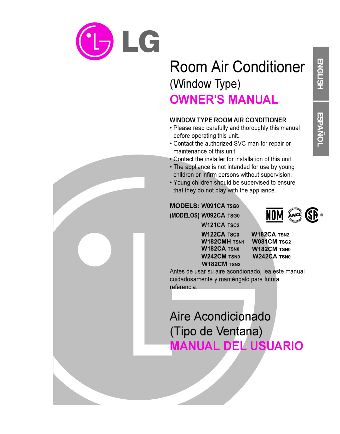 Minolta W121CA TSC2 owner manual English Español, Room Air Conditioner, Window Type, Manual Del Usuario 