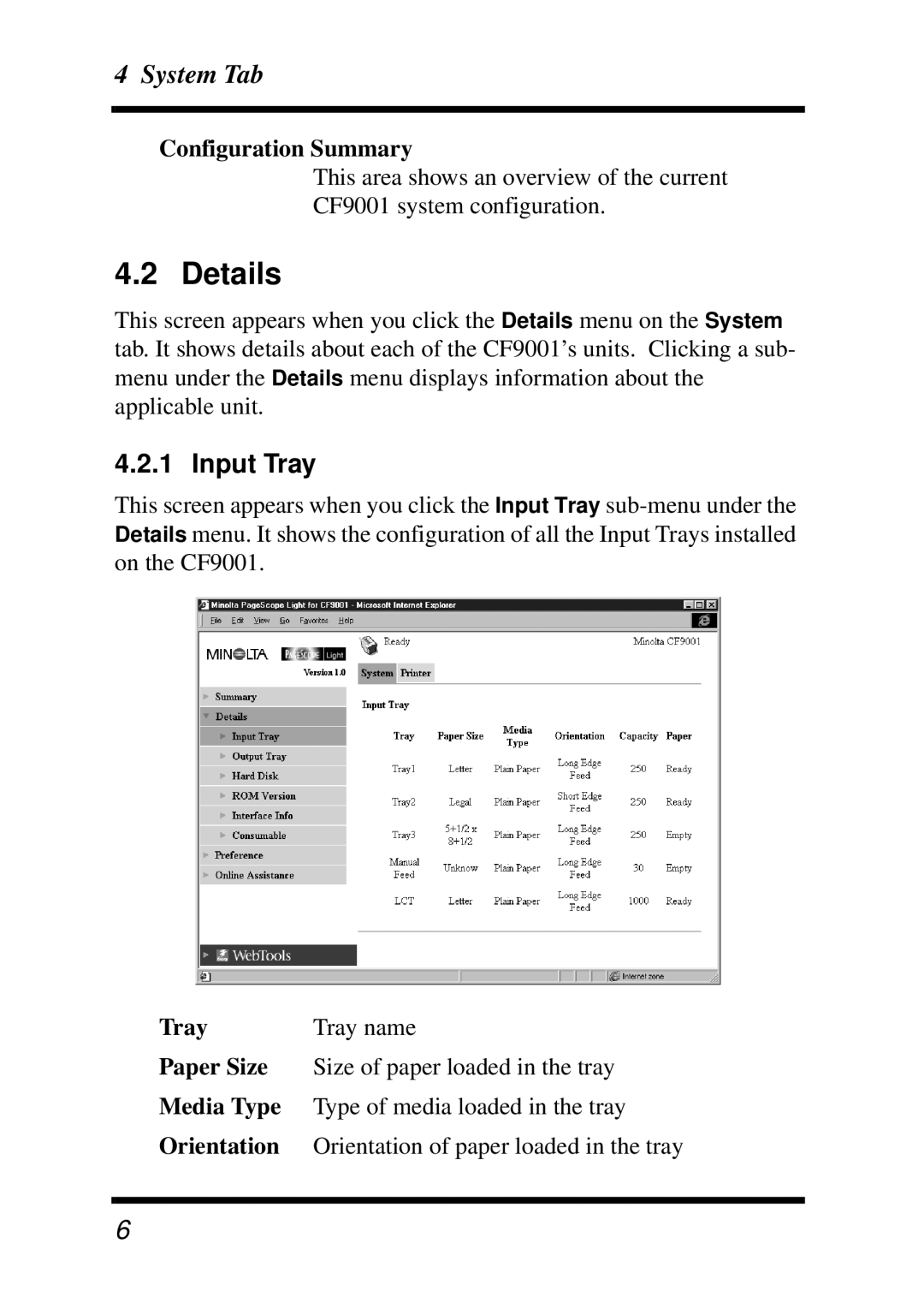 Minolta Z4, X3e manual Details, Configuration Summary, Tray 