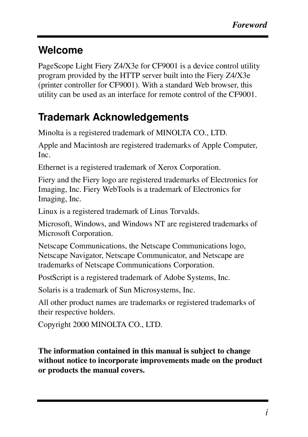 Minolta X3e, Z4 manual Welcome, Trademark Acknowledgements 