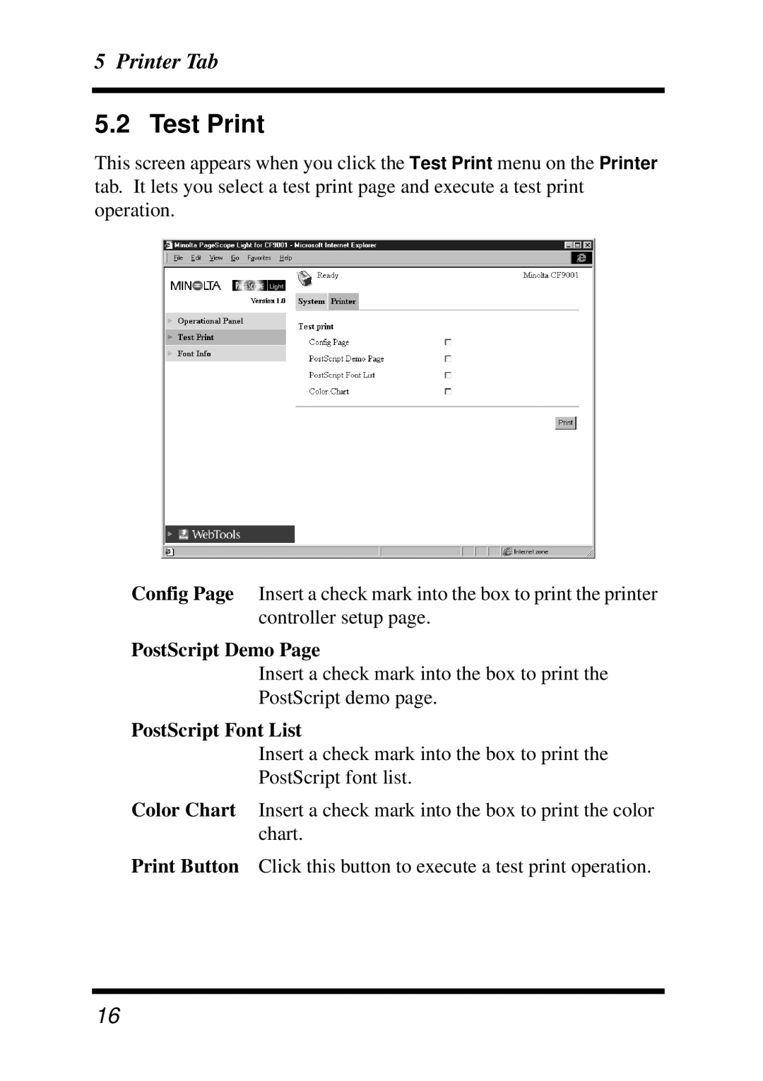 Minolta Z4, X3e manual Test Print, PostScript Demo, PostScript Font List 