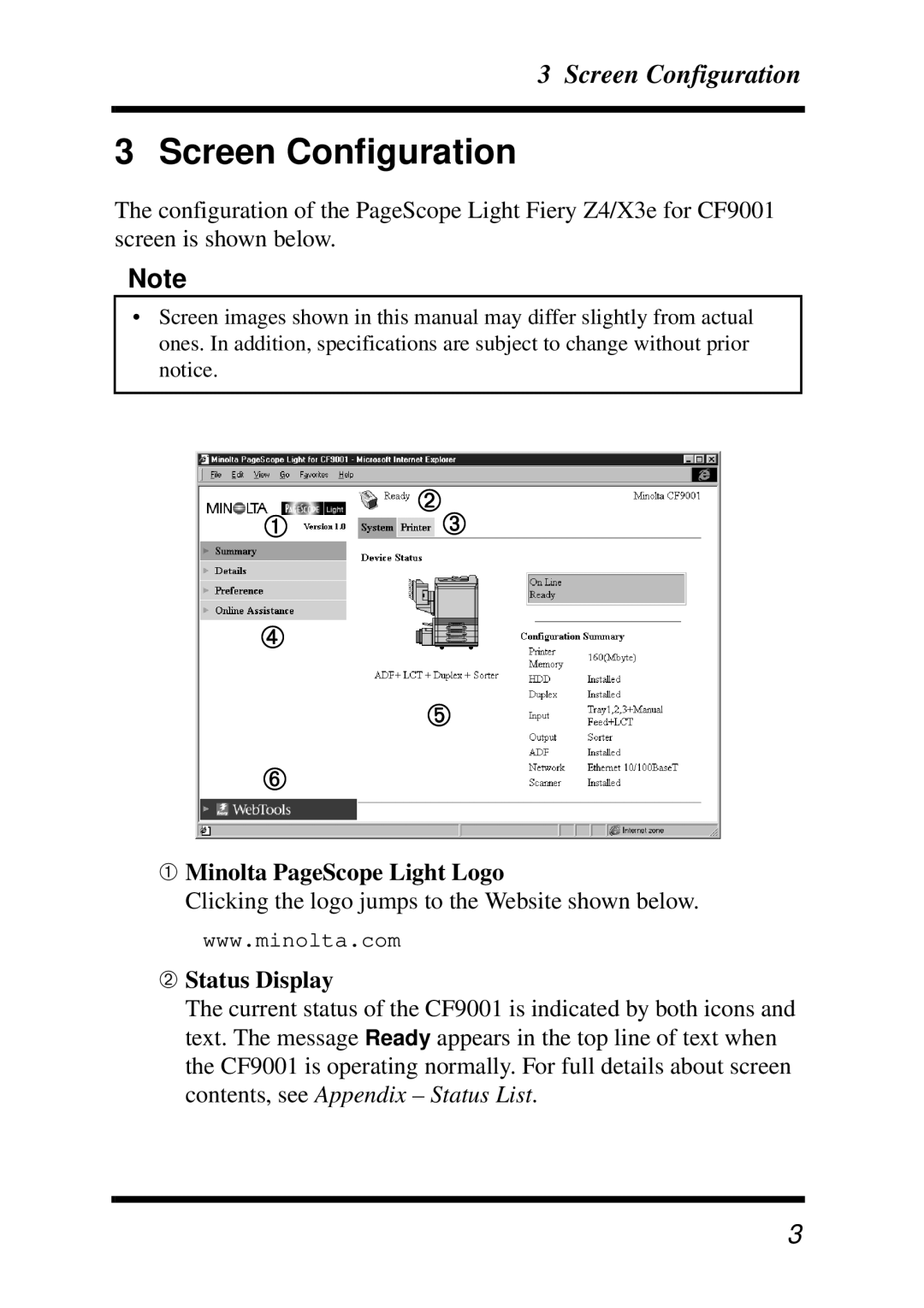 Minolta X3e, Z4 manual Screen Configuration, ➀ Minolta PageScope Light Logo, ➁ Status Display 