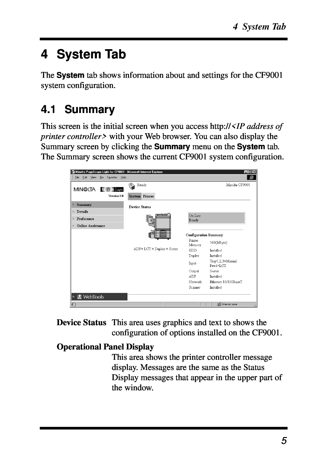Minolta X3e, Z4 manual System Tab, Summary, Operational Panel Display 