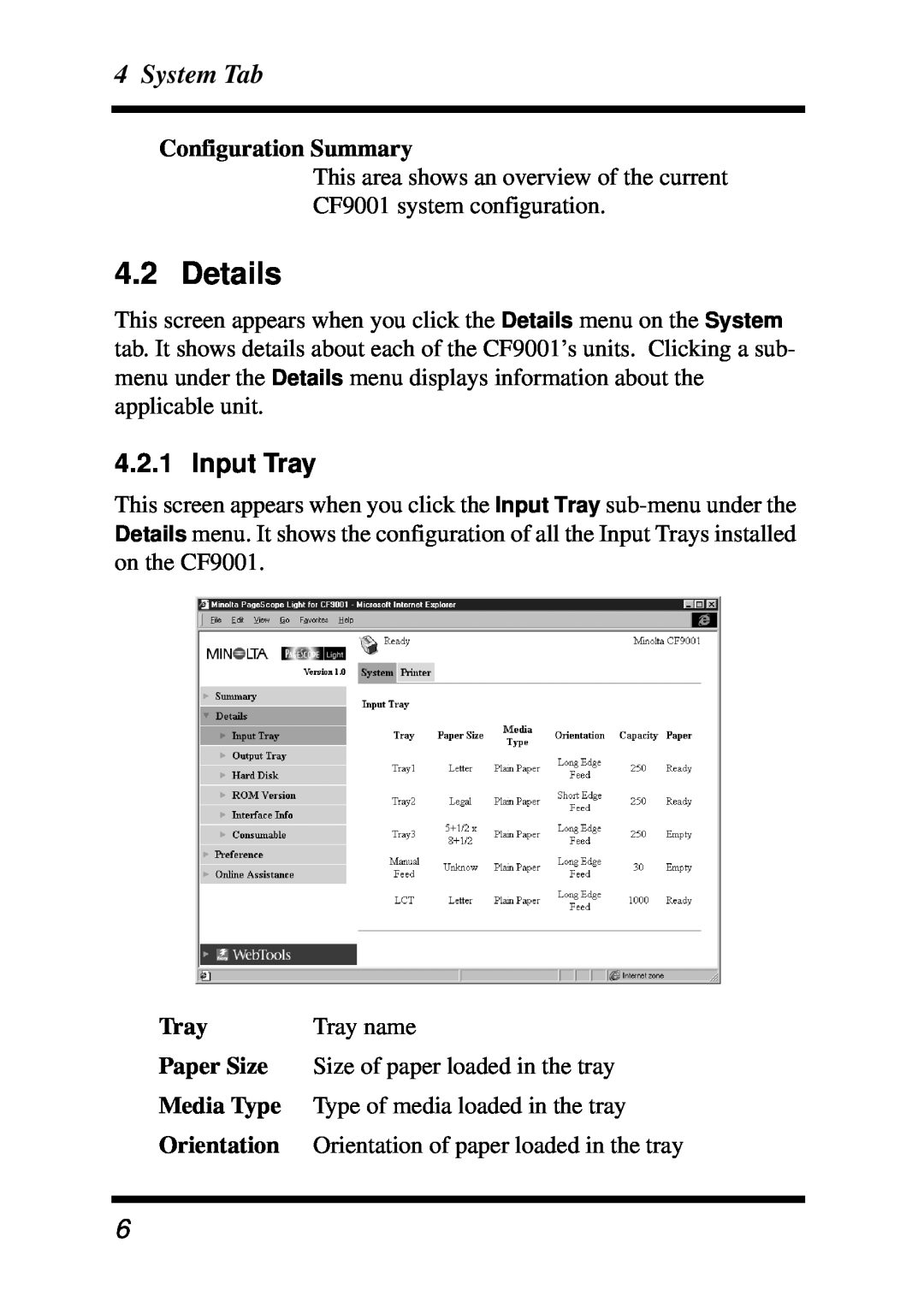 Minolta Z4, X3e manual Details, System Tab, Configuration Summary, Tray 