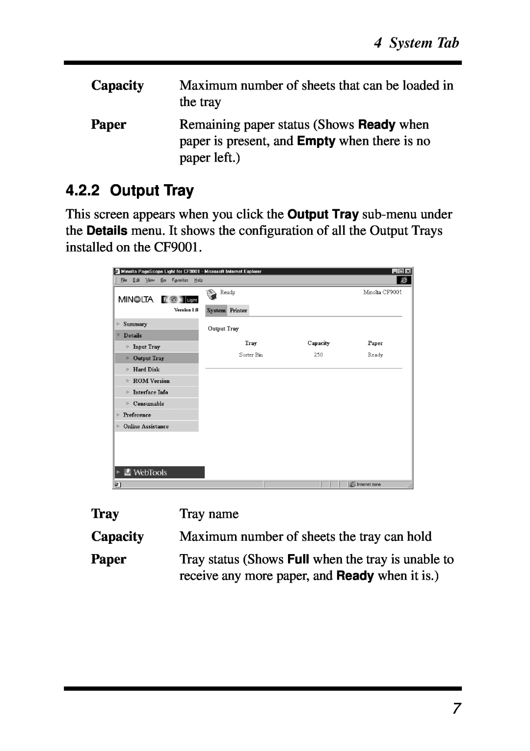 Minolta X3e, Z4 manual System Tab, Capacity, Paper, Tray 