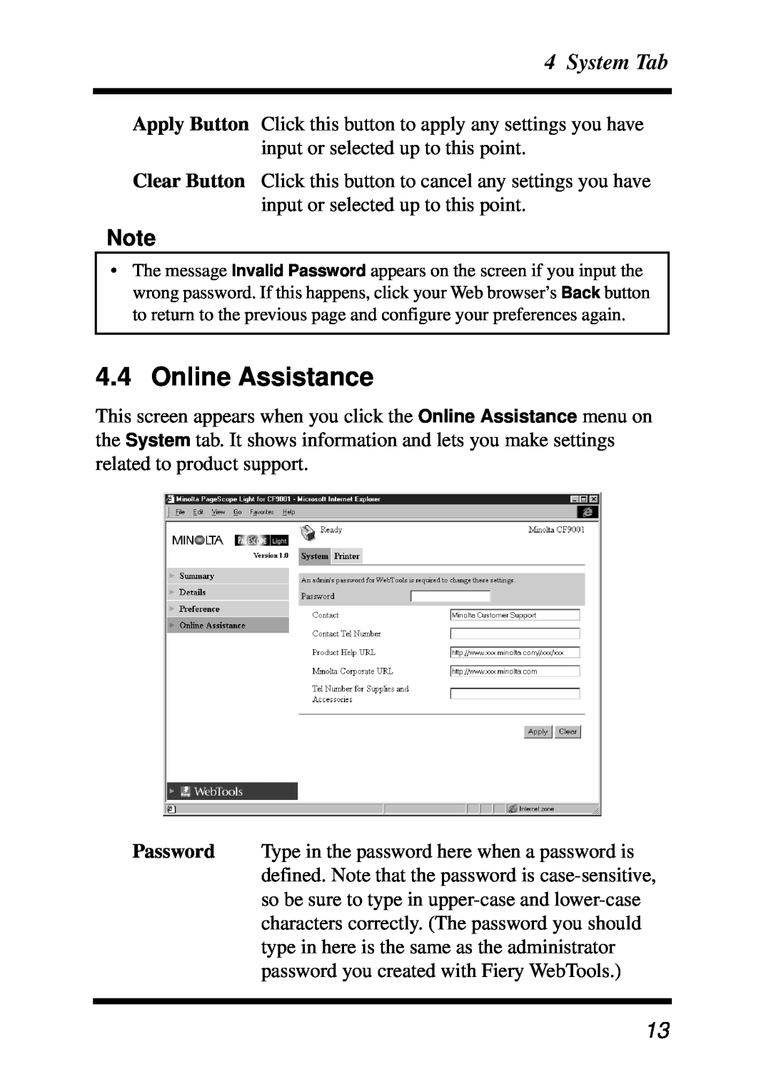 Minolta X3e, Z4 manual Online Assistance, System Tab 