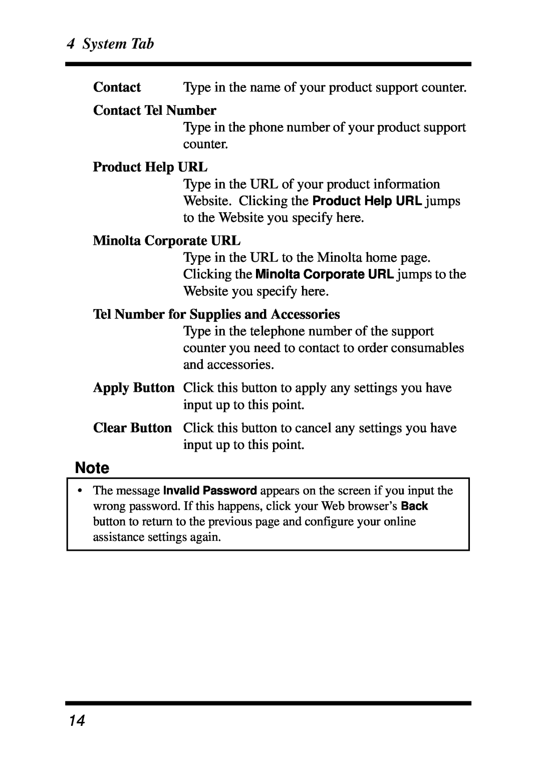 Minolta Z4, X3e manual System Tab, Contact Tel Number, Product Help URL, Minolta Corporate URL 