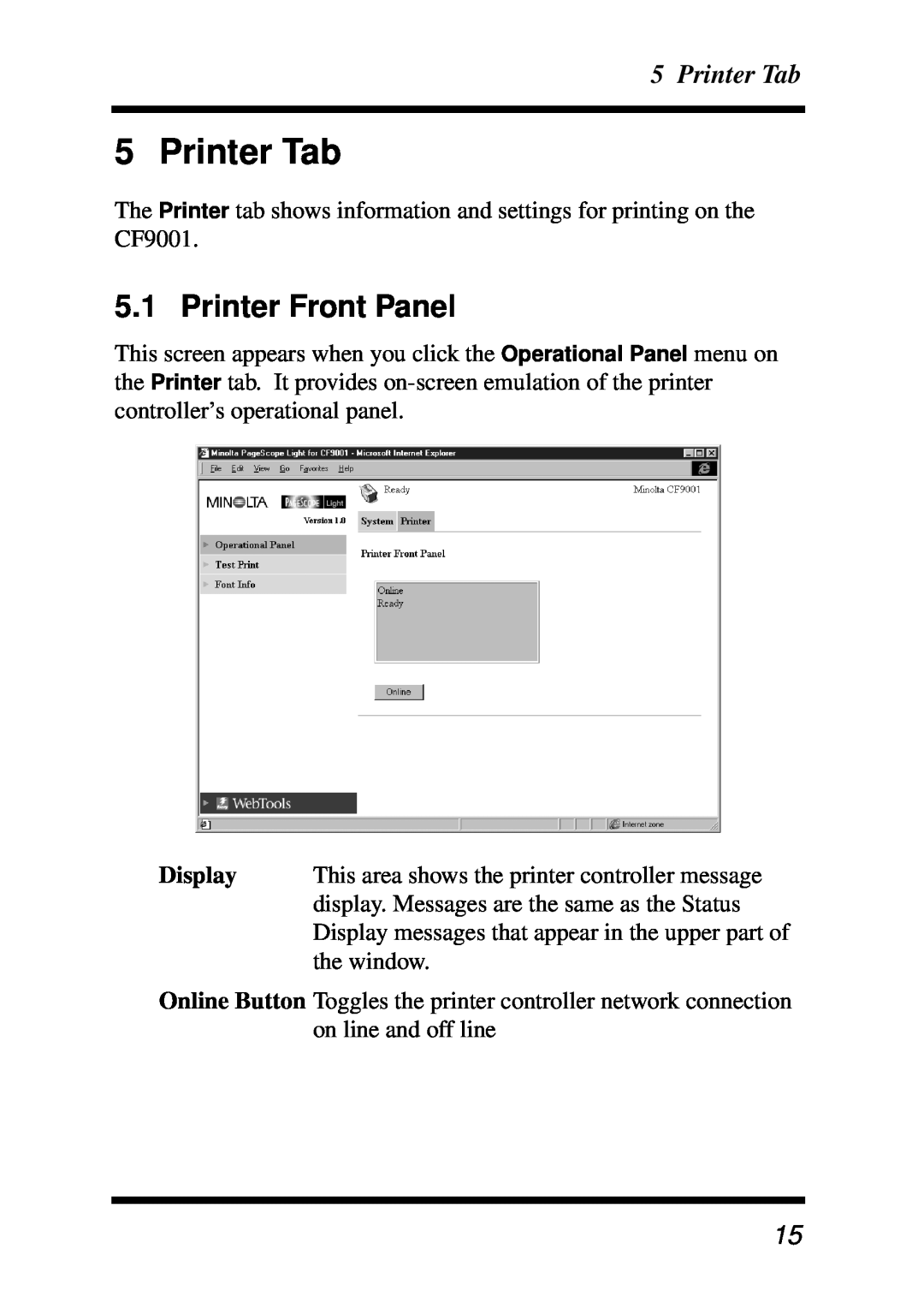 Minolta X3e, Z4 manual Printer Tab, Printer Front Panel 