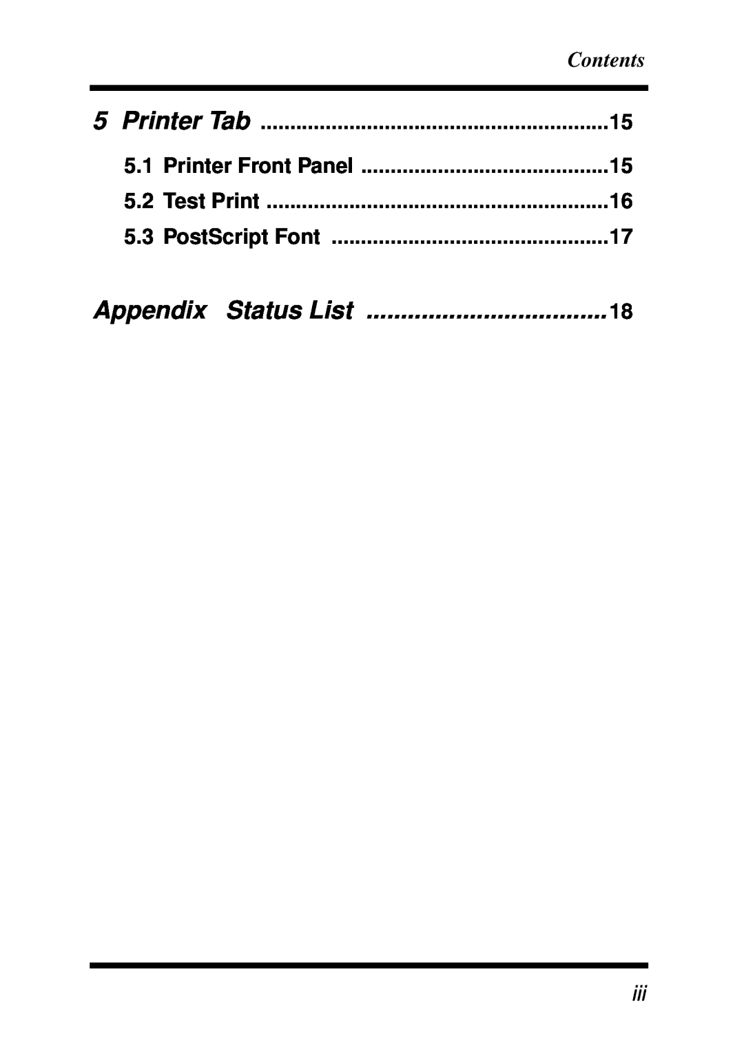 Minolta X3e, Z4 manual Appendix Status List, Contents, Printer Tab, Printer Front Panel, Test Print, PostScript Font 