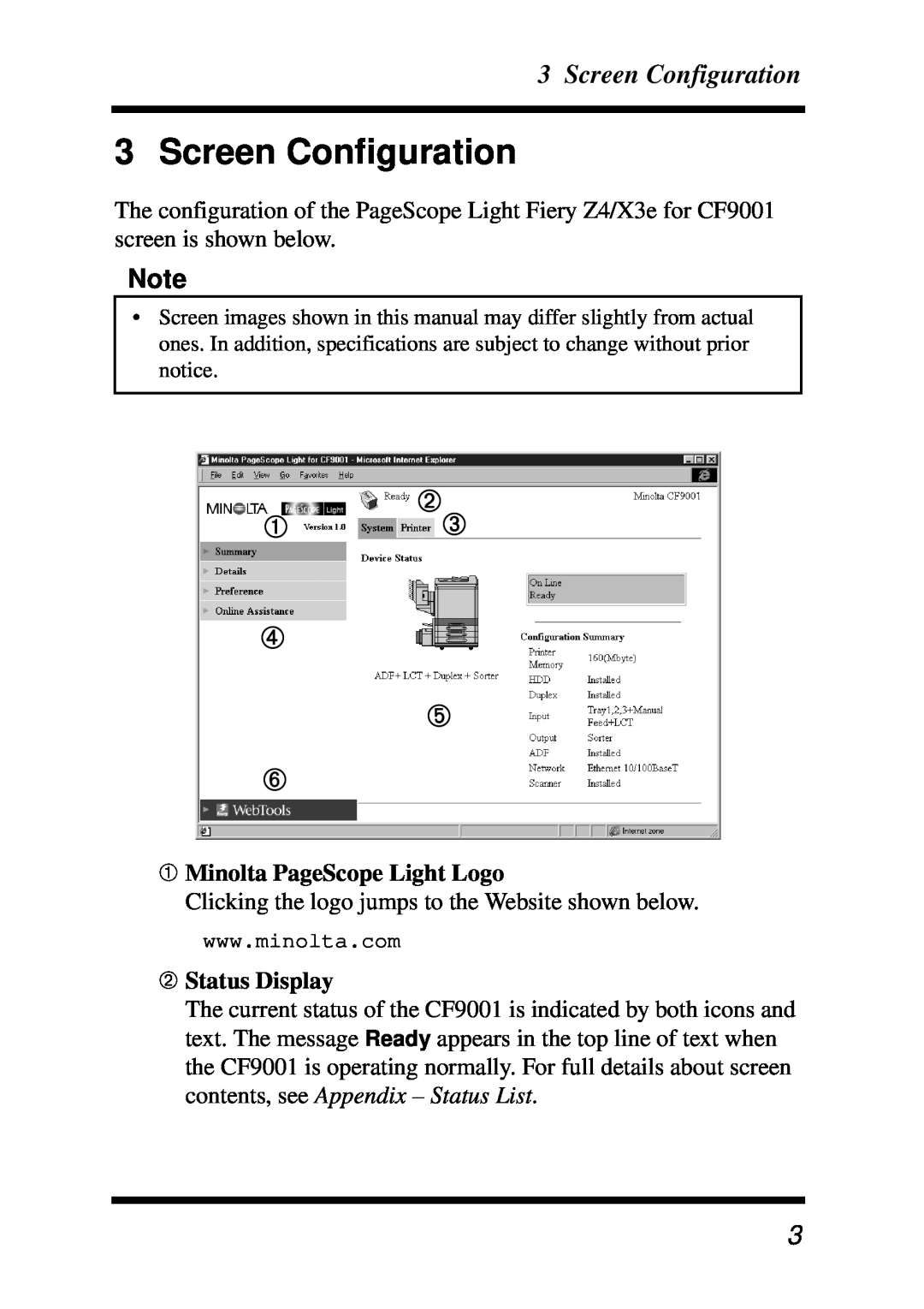 Minolta X3e, Z4 manual Screen Configuration, ➀ ➁➂ ➃ ➄ ➅, ➀ Minolta PageScope Light Logo, ➁ Status Display 