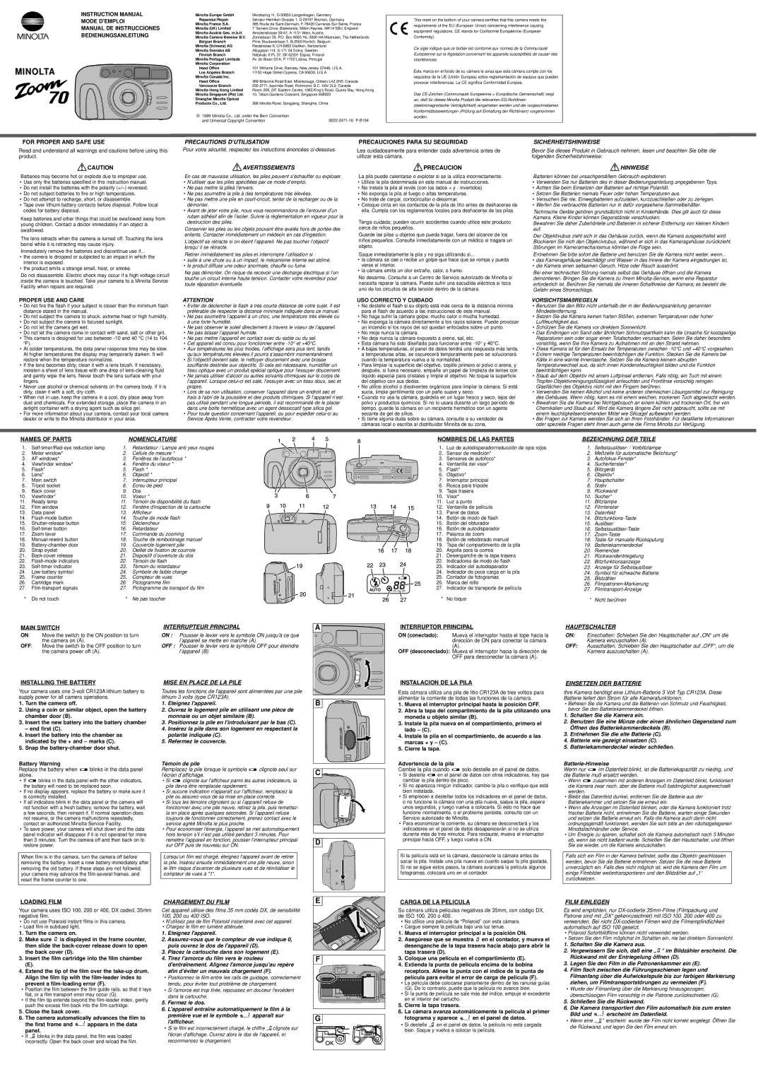 Minolta Zoom 70 instruction manual Precautions D’UTILISATION, Avertissements, Sicherheitshinweise, Hinweise, Nomenclature 