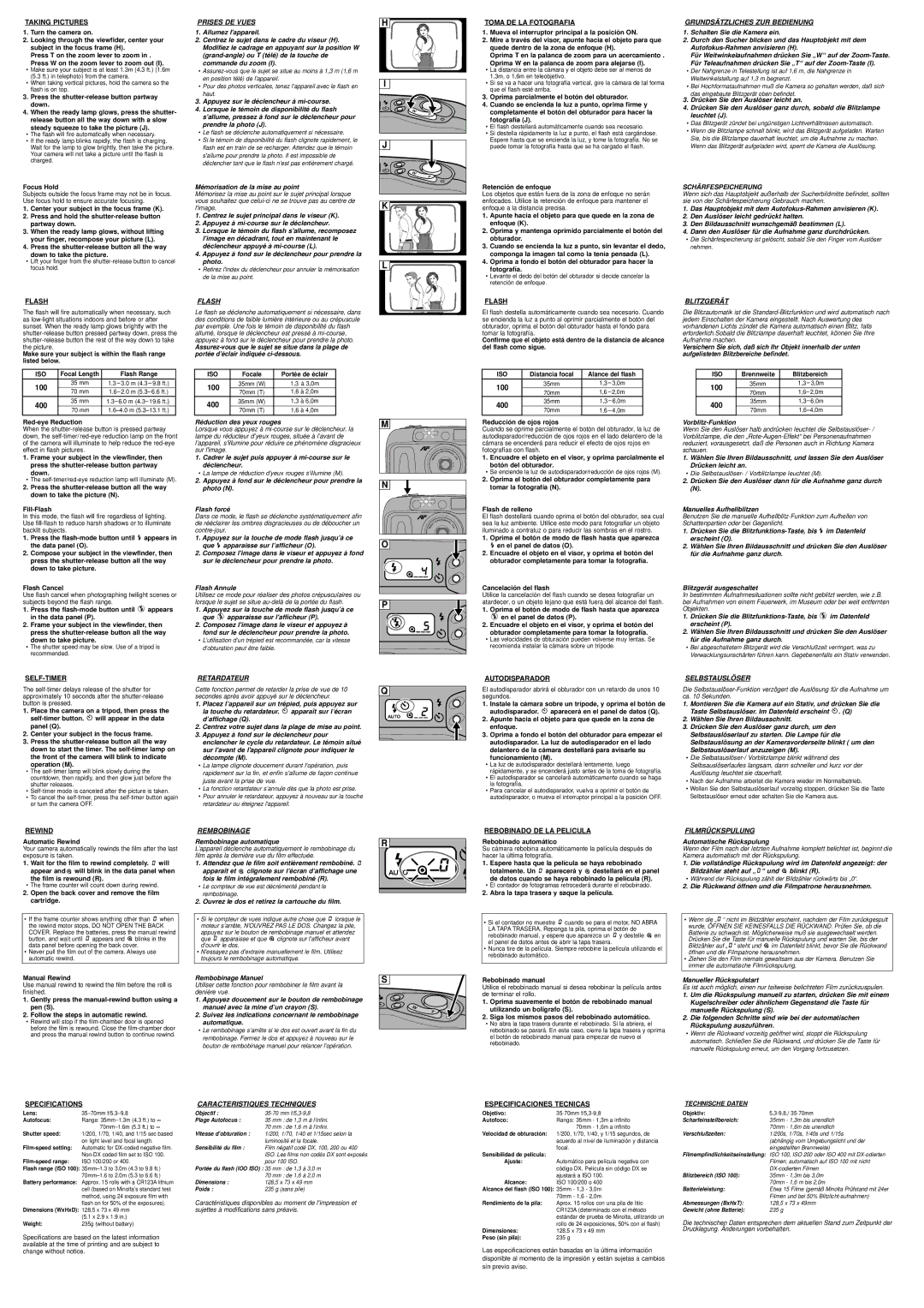 Minolta Zoom 70 Prises DE Vues, Flash, Grundsätzliches ZUR Bedienung, Schärfespeicherung, Blitzgerät, Retardateur 