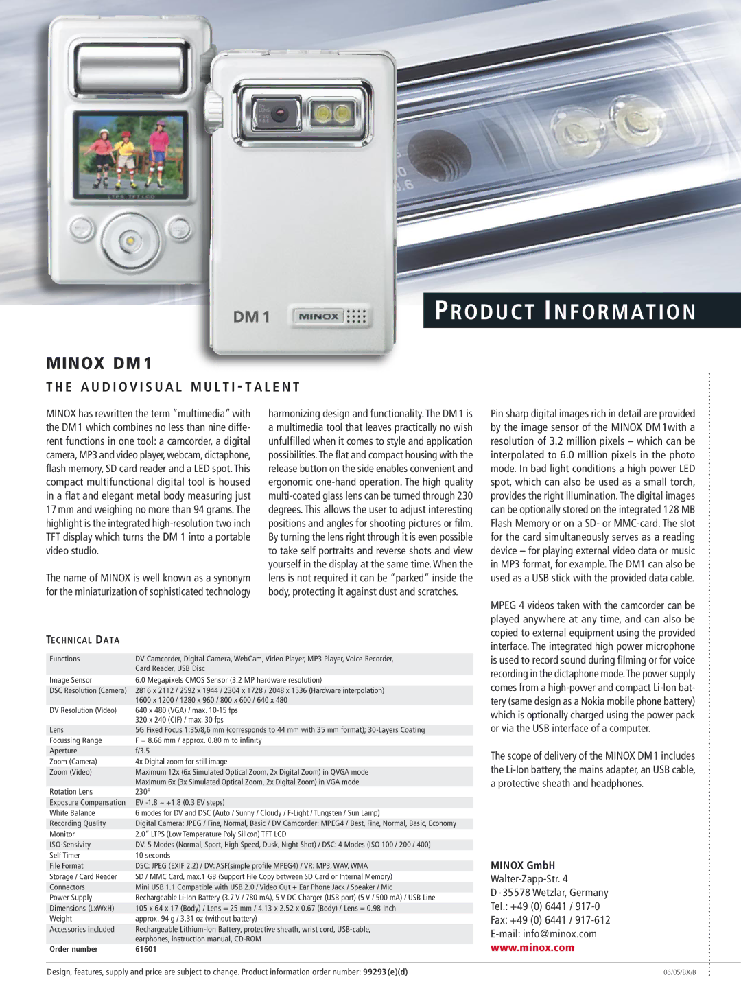 Minox DM1 manual Product Information, Minox DM, E a U D I O V I S U a L M U L T I T a L E N T, Minox GmbH, Technical Data 