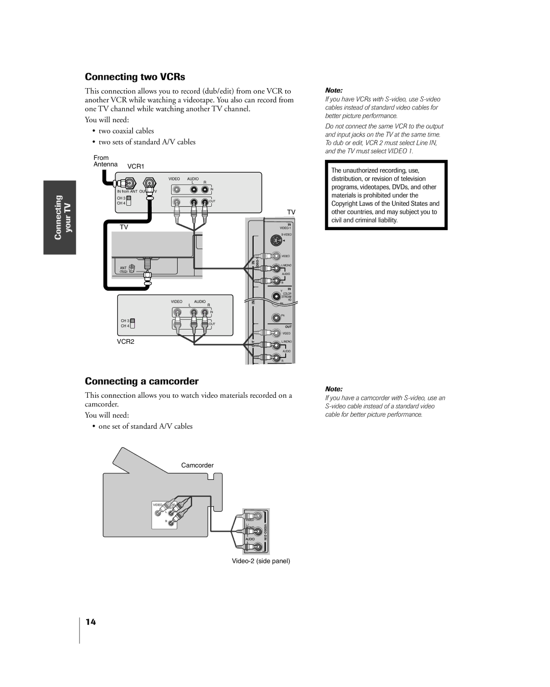 Mintek 27HL85 owner manual Connecting two VCRs, Connecting a camcorder 