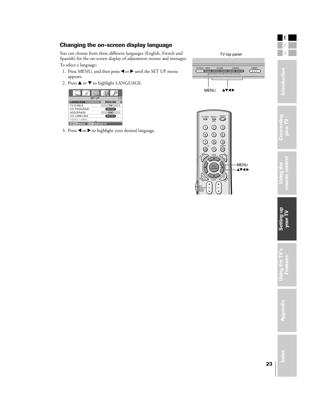 Mintek 27HL85 owner manual Changing the on-screen display language, Press x or to highlight your desired language 