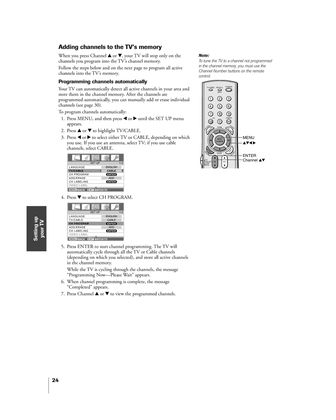 Mintek 27HL85 owner manual Adding channels to the TVÕs memory, Programming channels automatically 