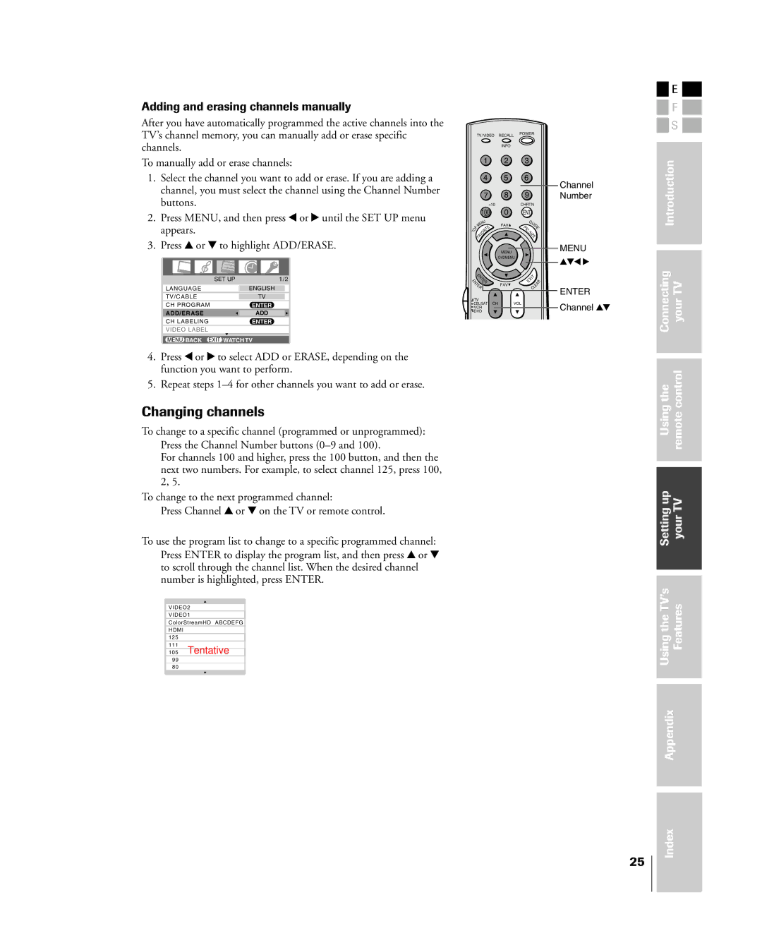 Mintek 27HL85 owner manual Changing channels, Adding and erasing channels manually 