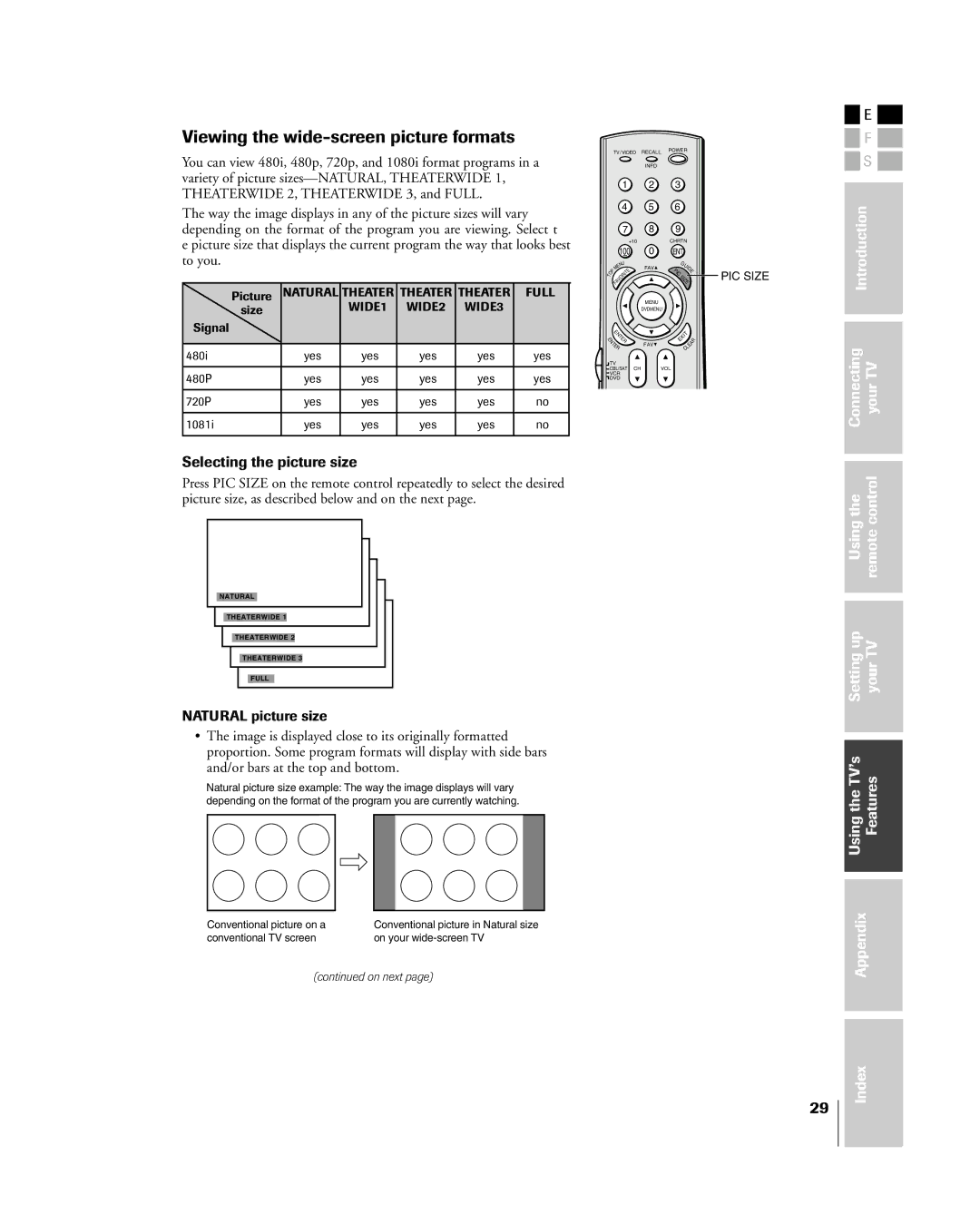 Mintek 27HL85 owner manual Viewing the wide-screen picture formats, Selecting the picture size 