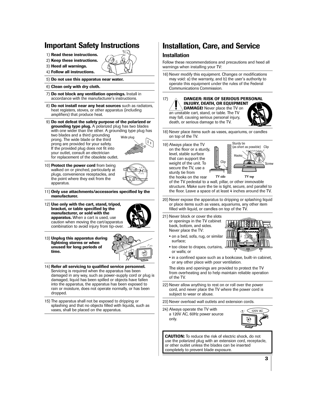 Mintek 27HL85 owner manual Important Safety Instructions, Installation 