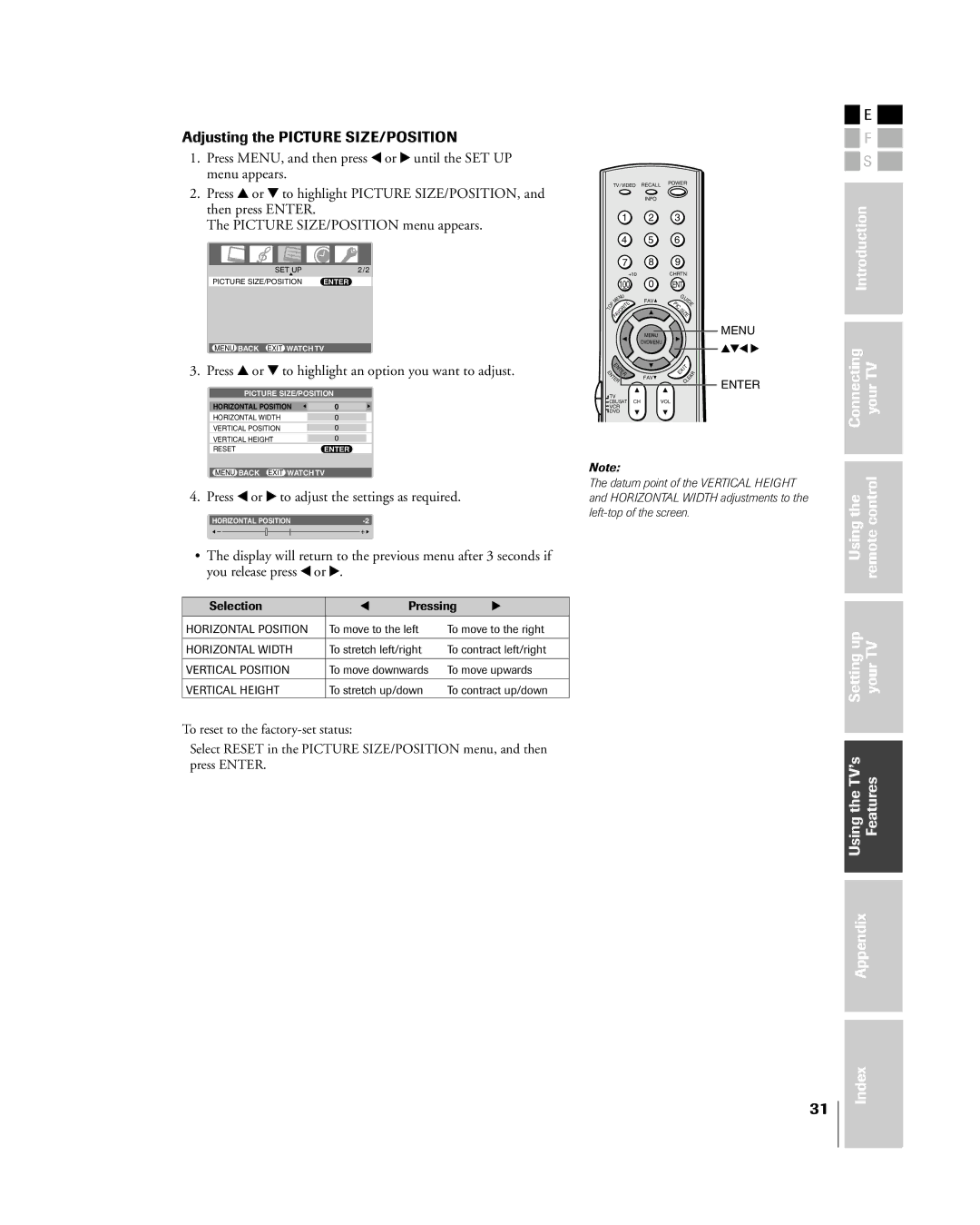 Mintek 27HL85 owner manual Adjusting the Picture SIZE/POSITION 