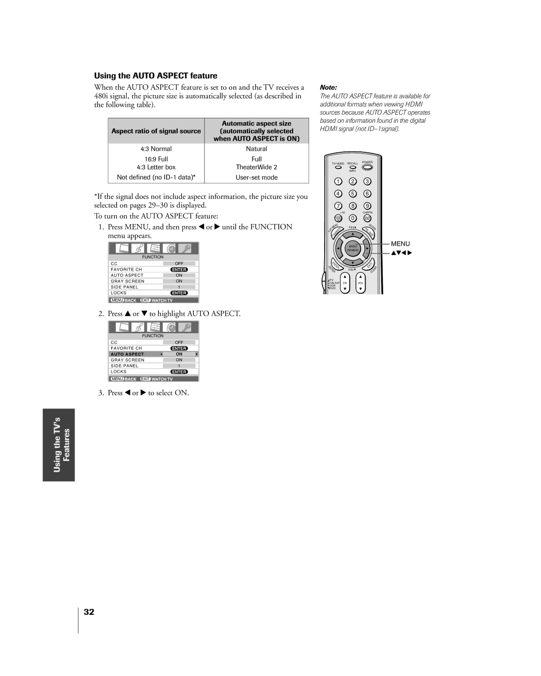 Mintek 27HL85 owner manual Using the Auto Aspect feature, Press y or z to highlight Auto Aspect, Press x or to select on 