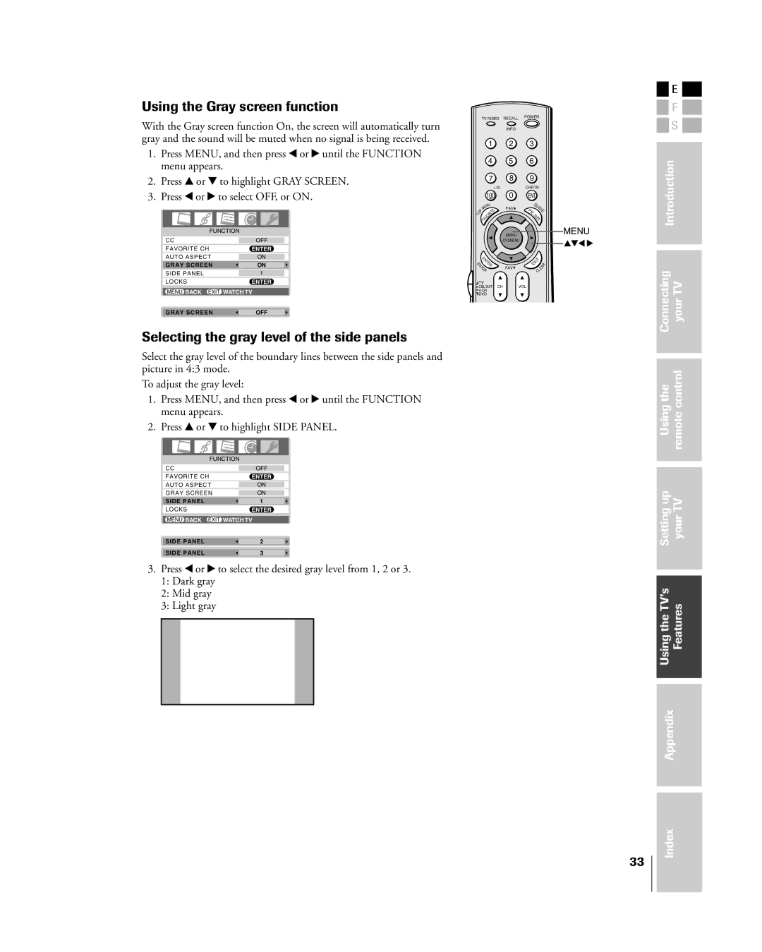 Mintek 27HL85 owner manual Using the Gray screen function, Selecting the gray level of the side panels 