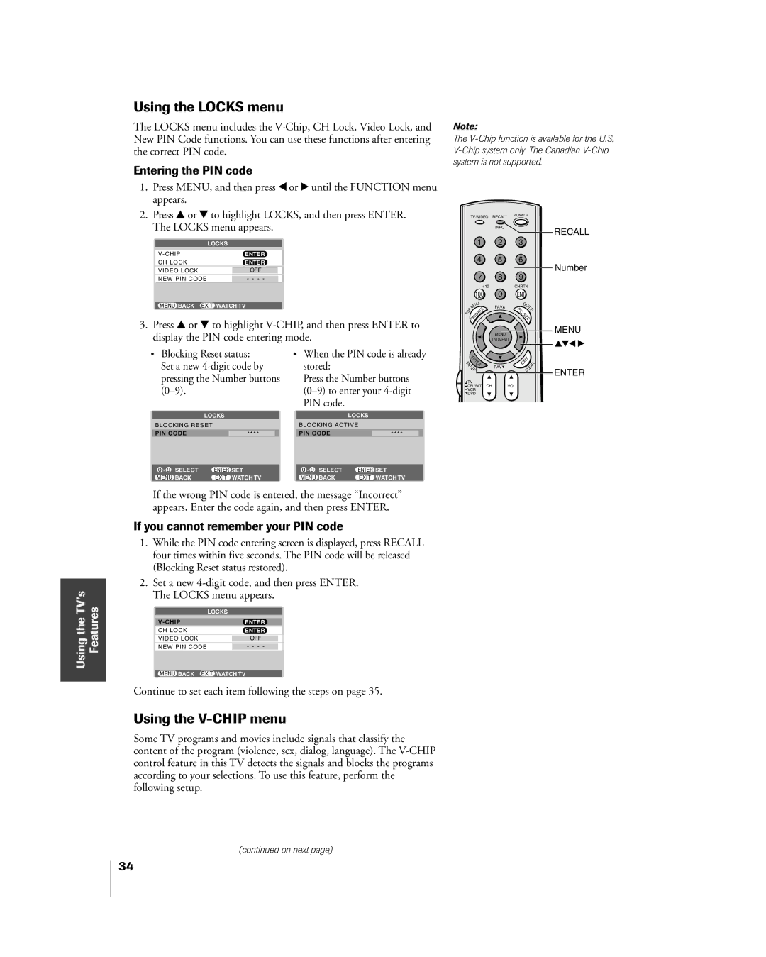 Mintek 27HL85 Using the Locks menu, Using the V-CHIP menu, Entering the PIN code, If you cannot remember your PIN code 