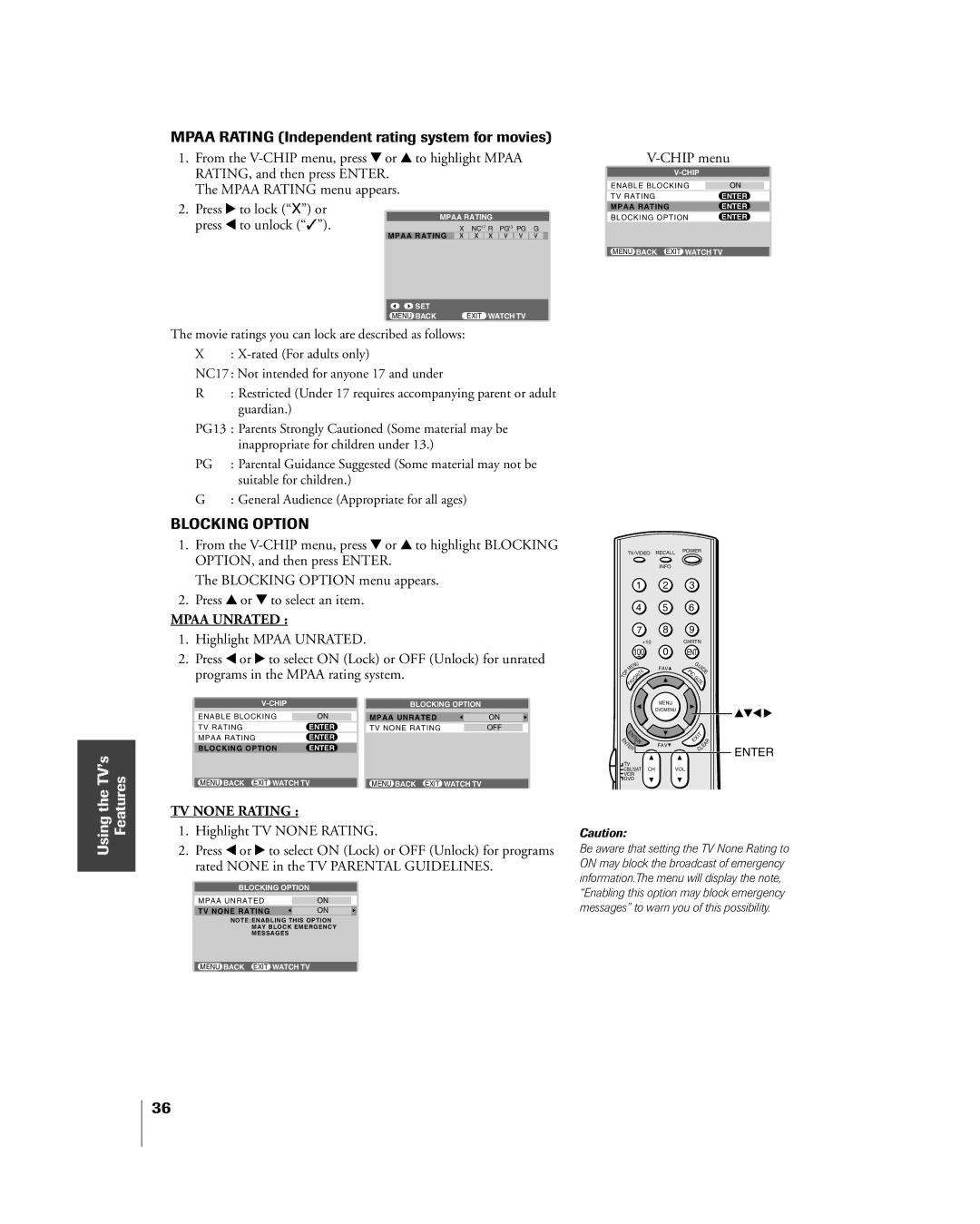 Mintek 27HL85 owner manual Mpaa Rating Independent rating system for movies, Chip menu 